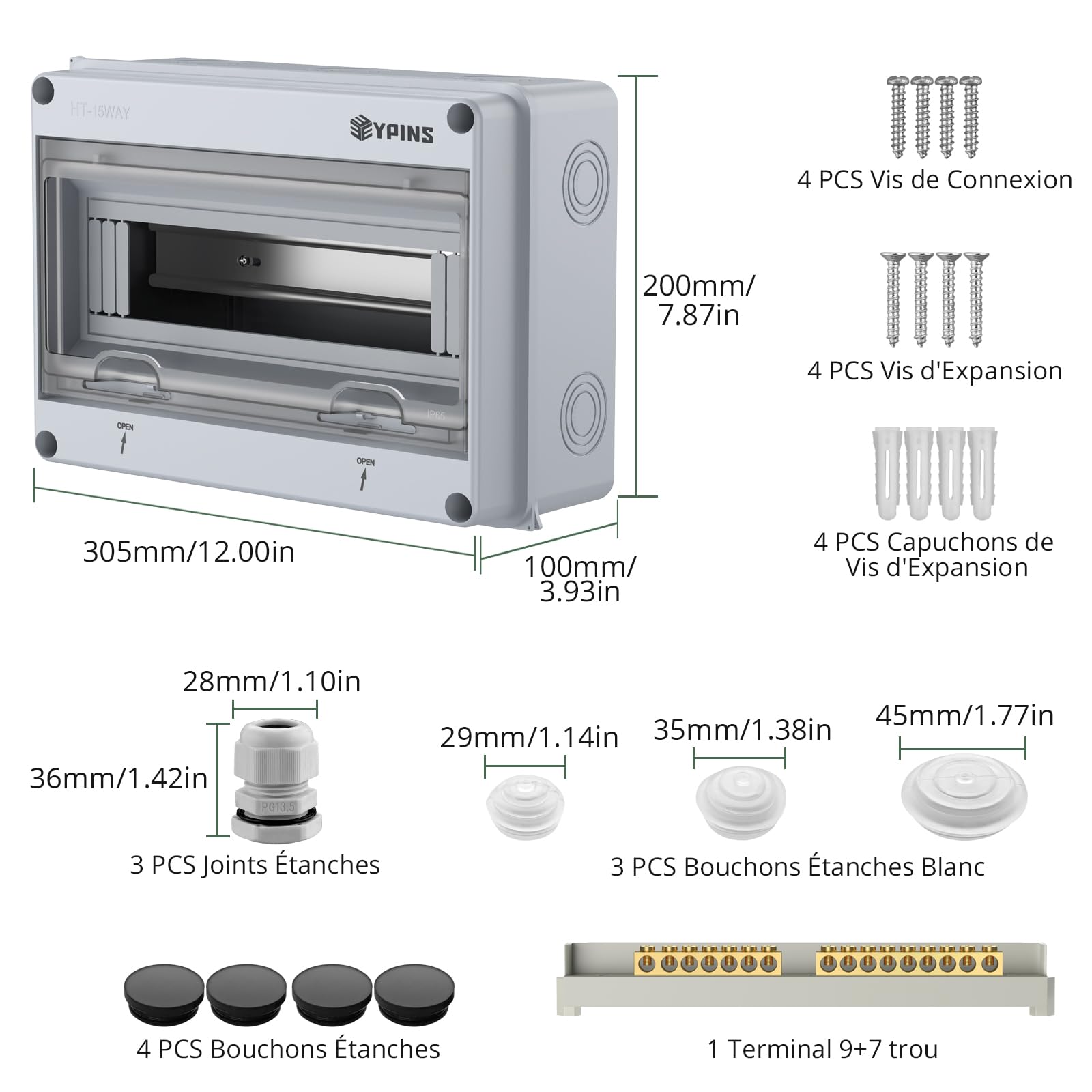 EYPINS Boîte de Distribution en Saillie Petit Répartiteur 1 Rangée 15 Modules IP65 Pour Pièces Humides Montage en Saillie Avec Pinces en Laiton Pour Jardin ou Extérieur