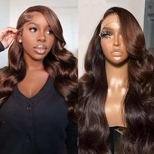 Chocolate Brown Lace Front Wig 26 Inch 13x4 Body Wave HD Lace Front Wigs Human Hair Pre Plucked 180% Density Brown Wig for Women