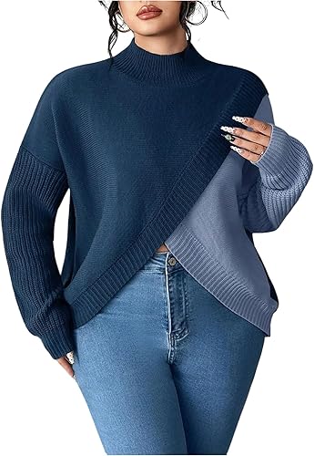BEAUDRM Women's Plus Size Cable Knit Color Block Sweater Casual Crew Neck Long S