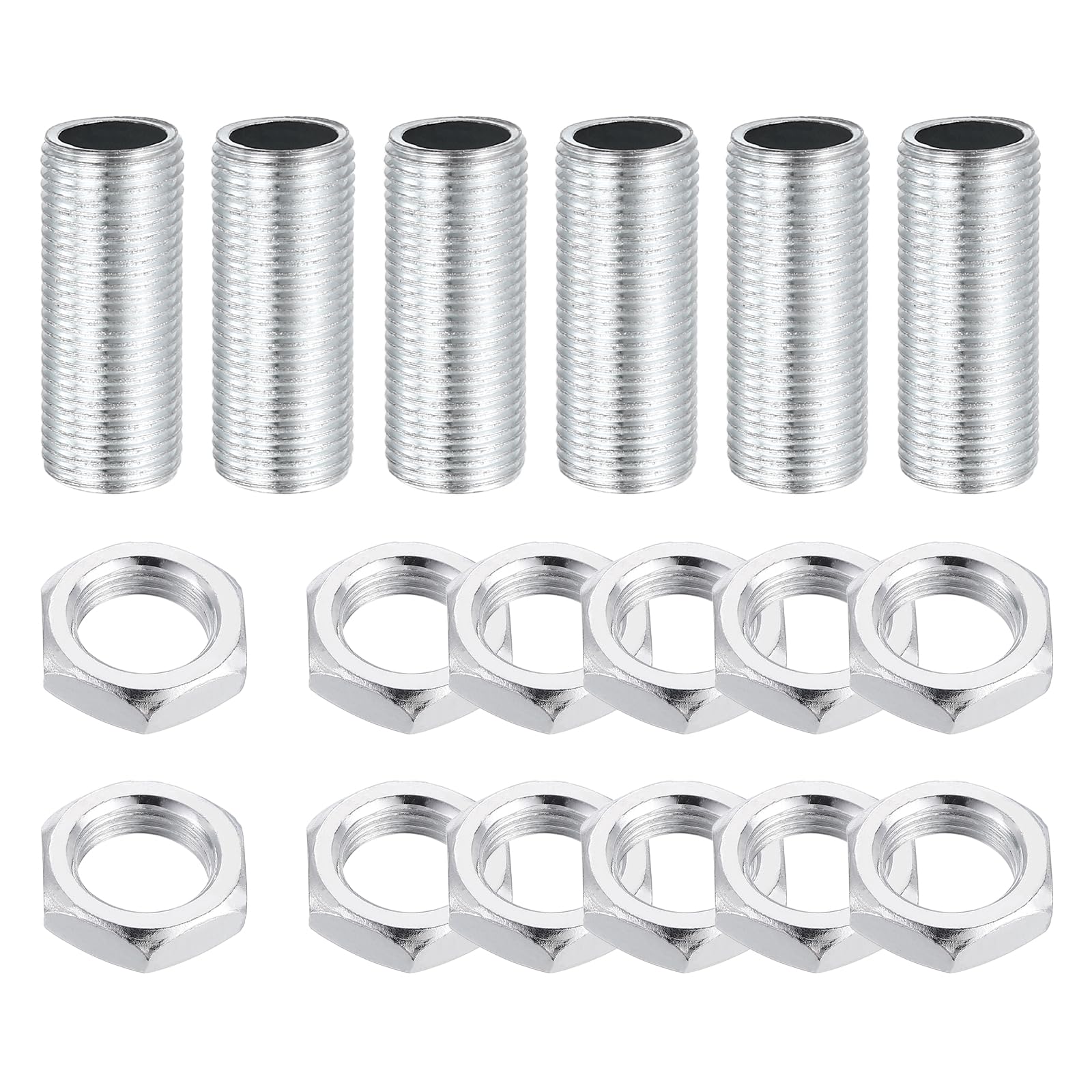sourcing map 6Pcs 30mm Lamp Pipe Nipples Kit with Lock Nuts, M12x1 Fine All Threaded Hollow Tube Lamp Repair Hardware Fasteners for Chandelier Ceiling Lamps Assembly DIY, White Zinc — image 1