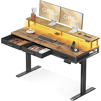 OffiGo Height Adjustable Desk with Drawers 140cm Brown With monitor stand and drawers including sockets and LED light bar and quiet motor suitable for home office