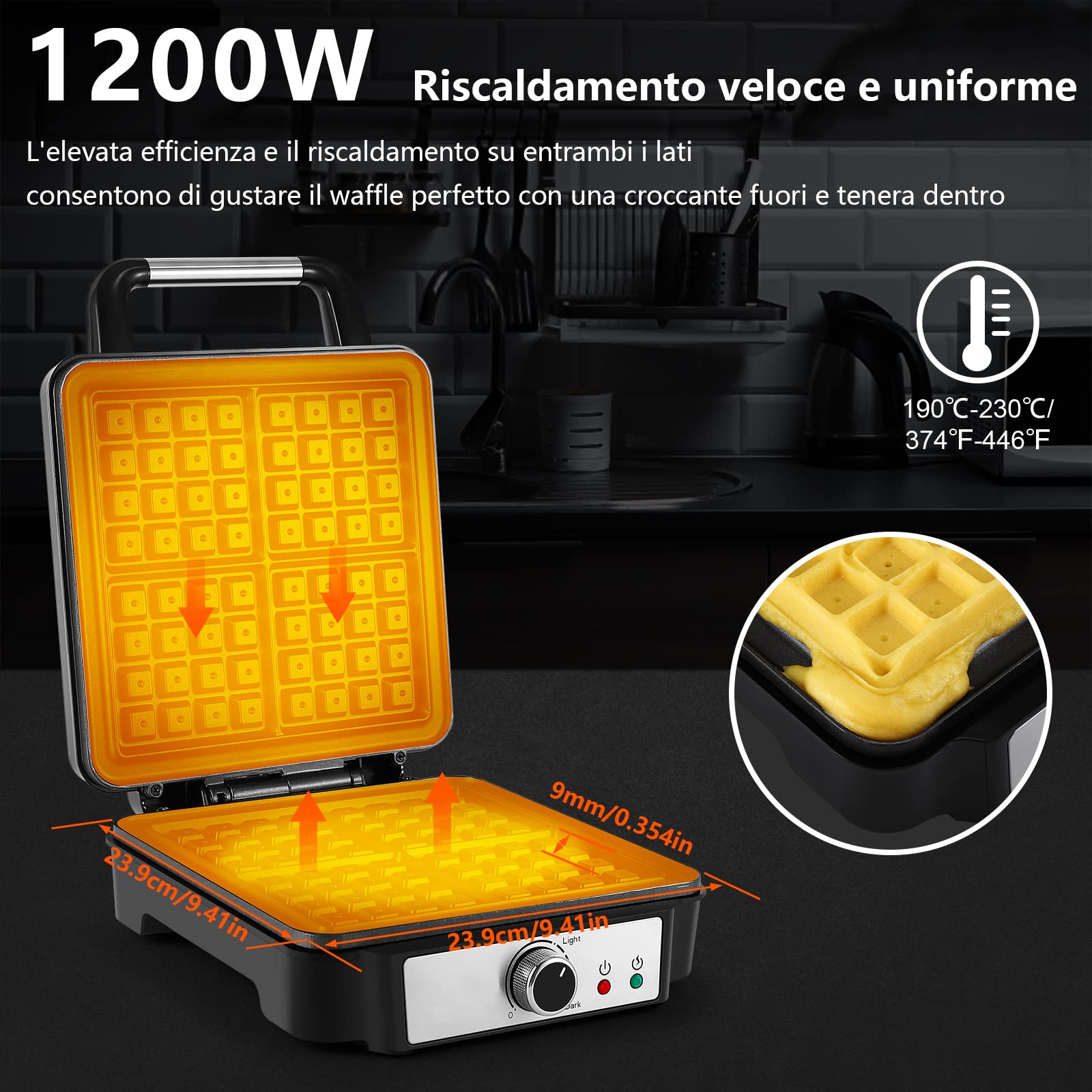 YASHE Piastra per Waffle, Macchina per Waffle Quadrata 4 Fette, 5 Manopole di Doratura, Luci Indicatori, Antisversamento, Rivestimento Antiaderente, 1200W, Argento/Nero