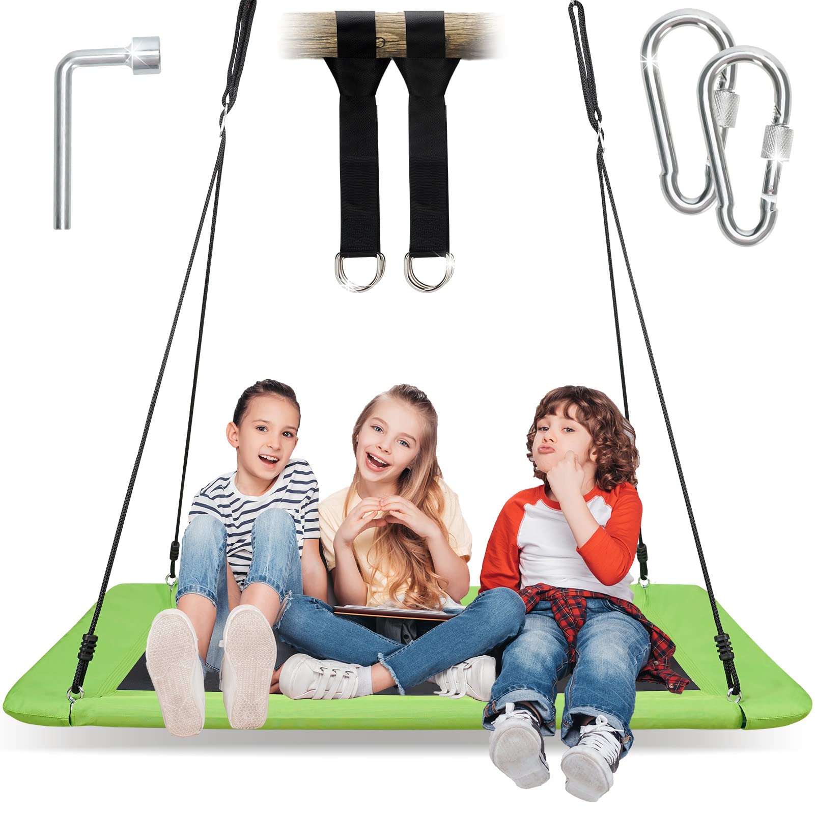 Tree Swing for Kids Adults - 700lb Platform Swing Hanging Kit | Rectangle Giant Outdoor Swing | Swing Bed for Backyard Indoor with Durable Steel Frame, Adjustable Swivel Ropes (Green, Rectangle)