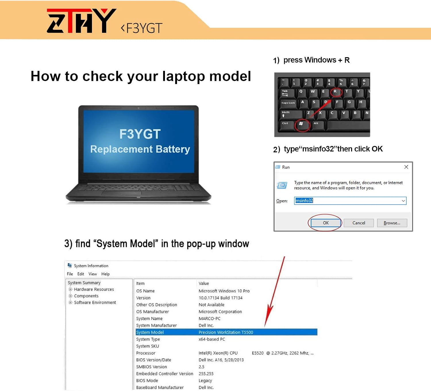 ZTHY 60Wh F3YGT Laptop Battery Replacement for Dell Latitude 12 7000 7280 7290/13 7000 7380 7390/14 7000 7480 7490 P28S P28S001 P73G P73G002 Series DM3WC DM6WC 2X39G KG7VF 451-BBYE 453-BBCF 7.6V 4Cell