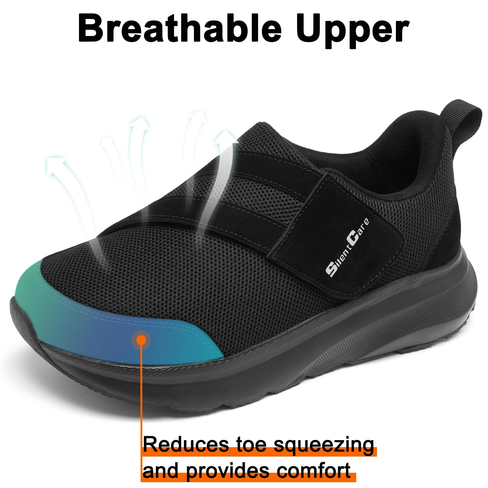 SILENTCARE Buty dla diabetyków dla mężczyzn, szerokie palce, wsuwane, dla opuchniętych stóp, regulowane buty do chodzenia dla osób starszych łagodzące ból stóp, neuropatia