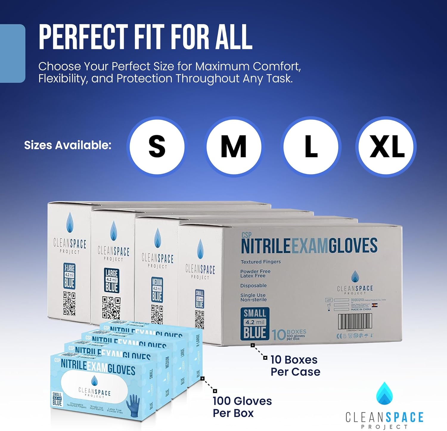 CLEAN SPACE PROJECT Nitrile Exam Gloves - Blue Disposable Gloves, Non-Latex and Powder Free Surgical & Medical Gloves, Cleaning, Cooking Blue Gloves - 4.2 mil (Large, Case of 1000 + Box of 100)