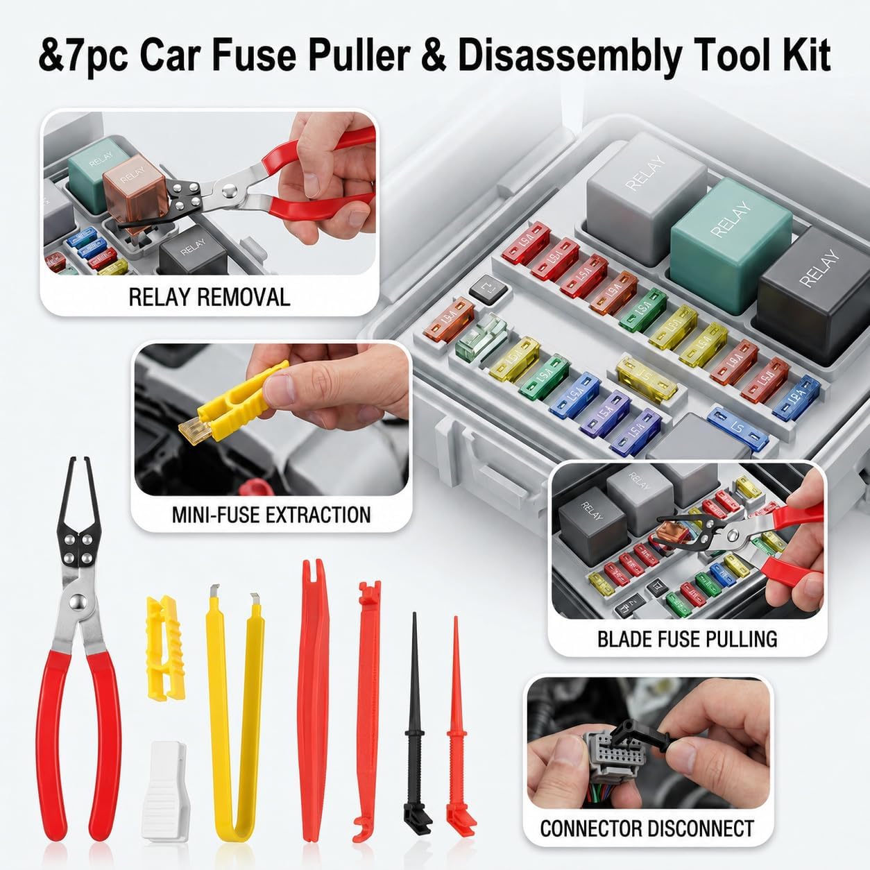 7PCS Relay and Fuse Puller Tool Set, Heavy Duty Automotive Pliers | For removing car fuses and relays, Non-slip electrical removal kit for tight spaces