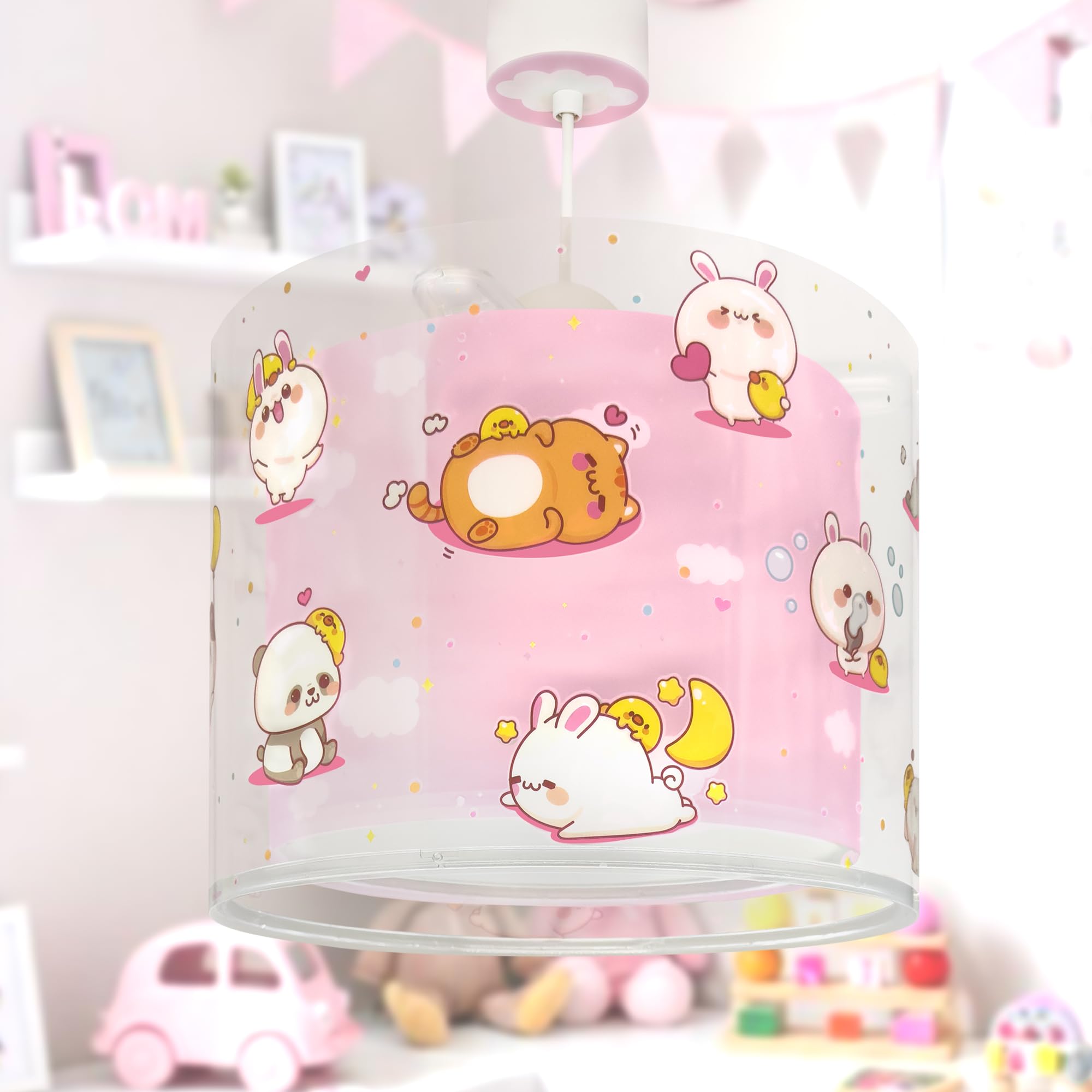 Dalber Lampada a sospensione Kawaii Friends, con animali rosa, modello 41762MS, attacco E27, ideale per bambini e camerette.