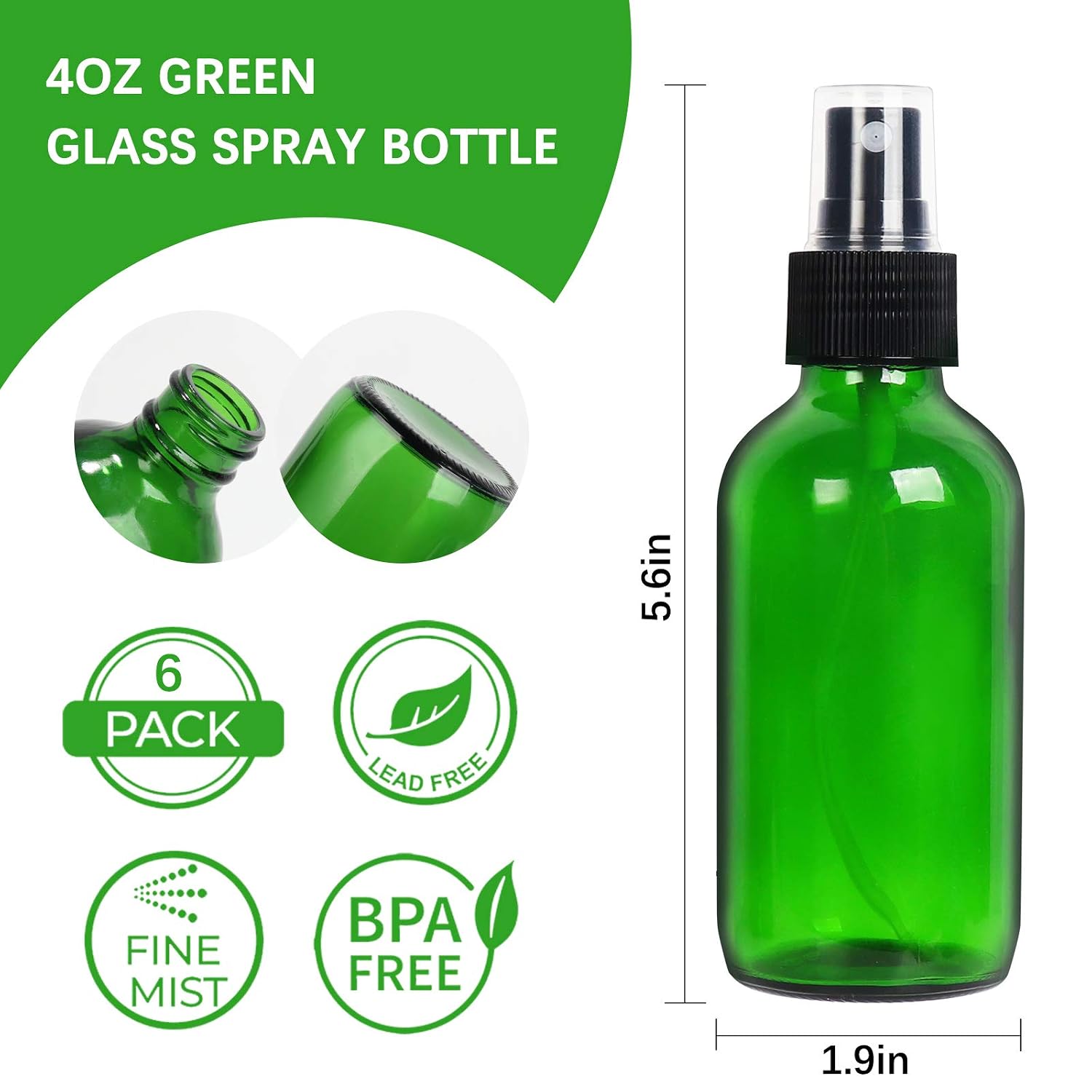 6 Pack 120 ml 4oz Green Glass Spray Bottles with Fine Mist Sprayer & Dust Cap for Essential Oils, Perfumes,Cleaning Products.Included 1 Brush,2 Funnels,2 Droppers & 12 Labels.