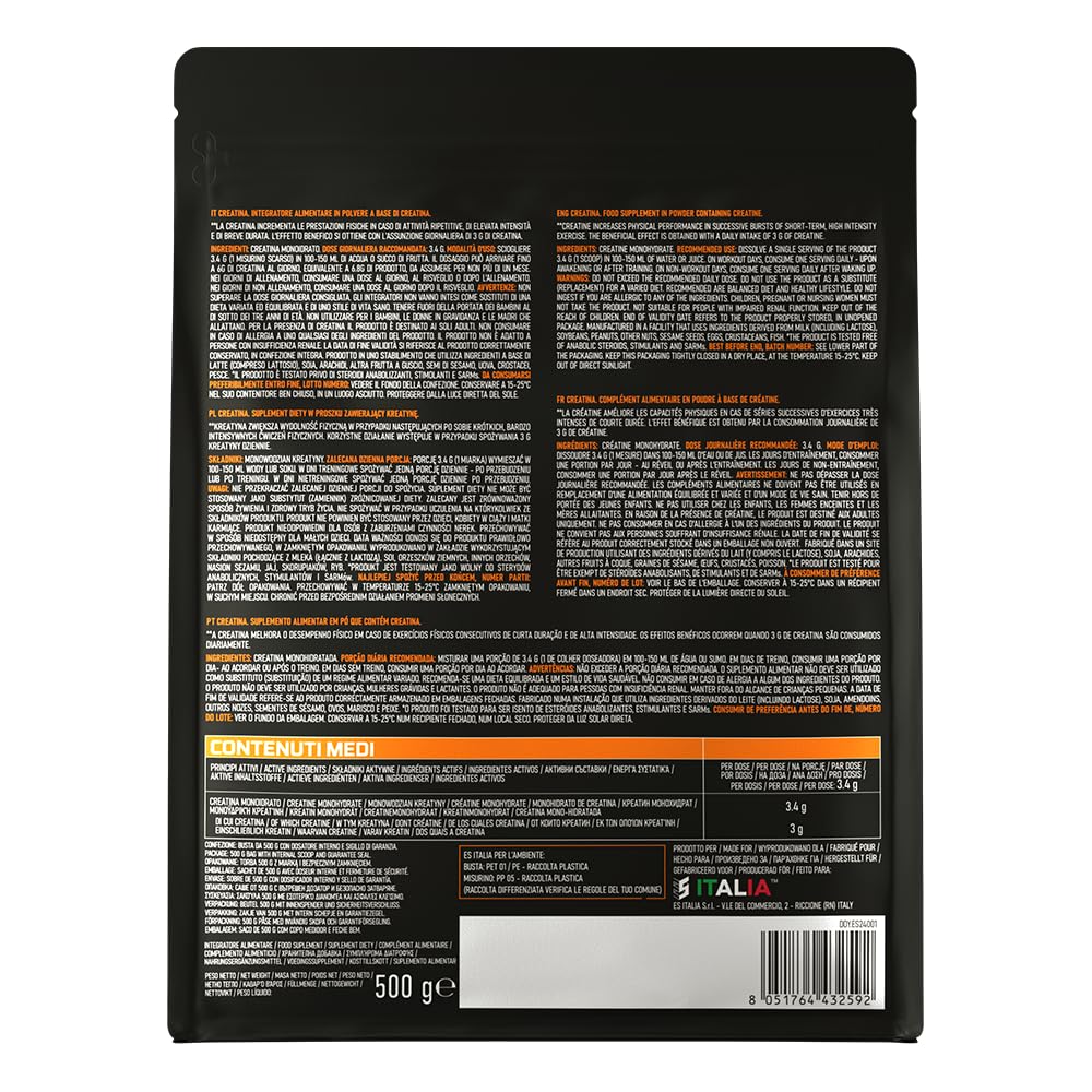 EthicSport CREATINA – Creatina monoidrato pura in polvere con SupraCREA™ – Incrementa le prestazioni fisiche in attività brevi e intense – elevata purezza, senza additivi – vegan, gluten free – 500 g