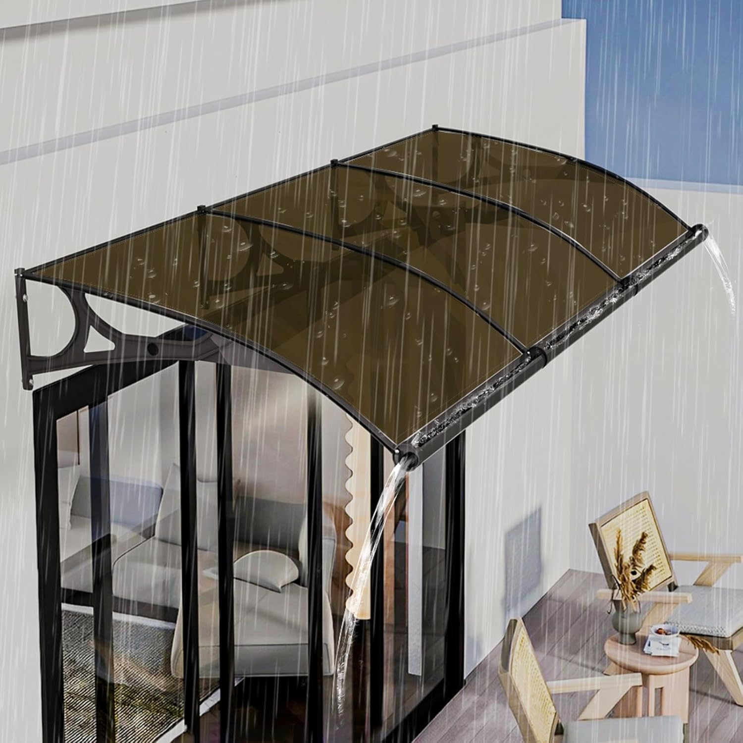Marquesina Puerta Exterior Tejadillo de para Puertas y Ventanas Tejadillo de Protección contra Sol y Lluvia con Cubierta de Policarbonato Soporte de Aluminio Brown