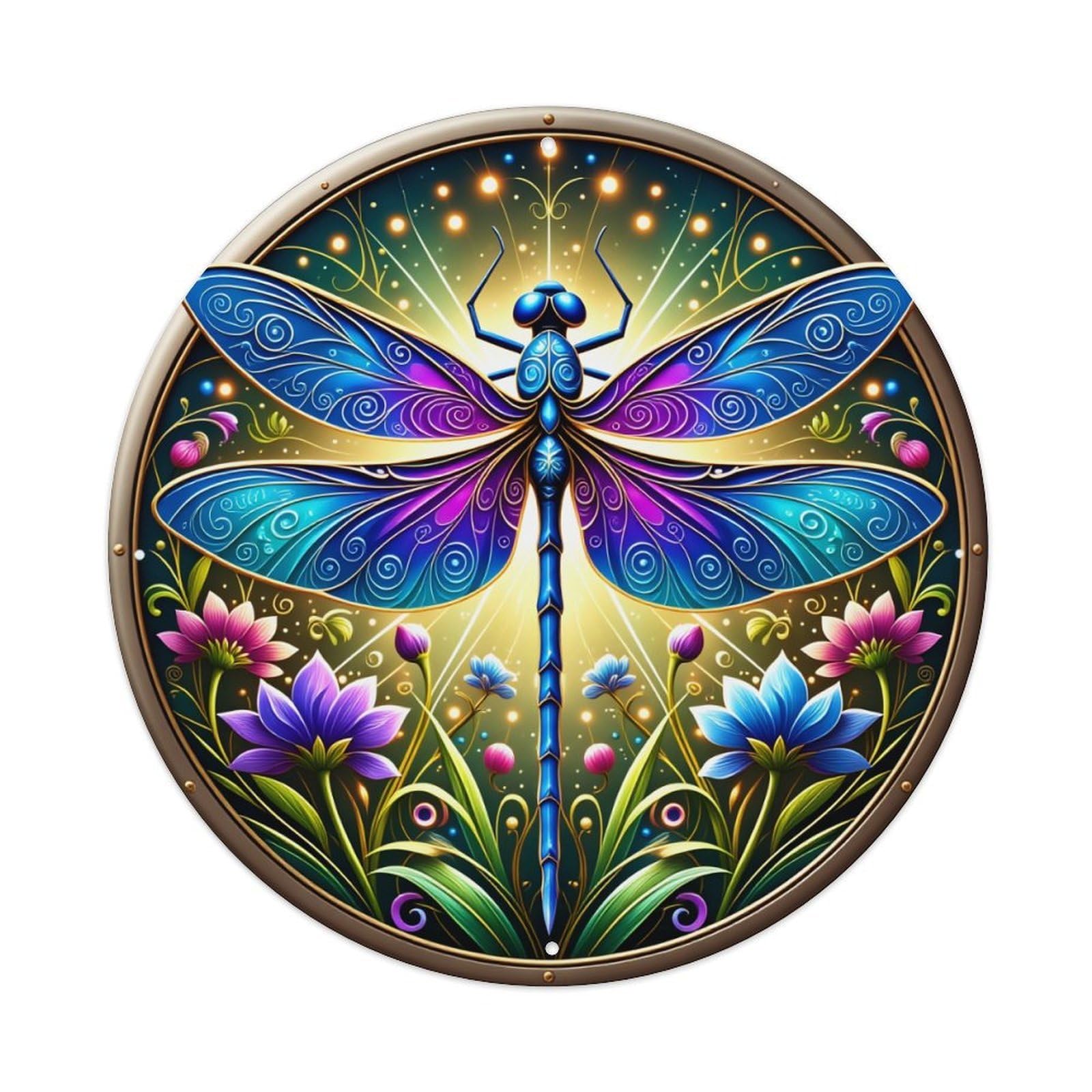 Dragonfly Floral Pattern Art Design Round Tin Sign Vintage Metal Sign Home Bar Garden Indoor & Outdoor Wall Decor Retro Metal Poster 8x8 Inch