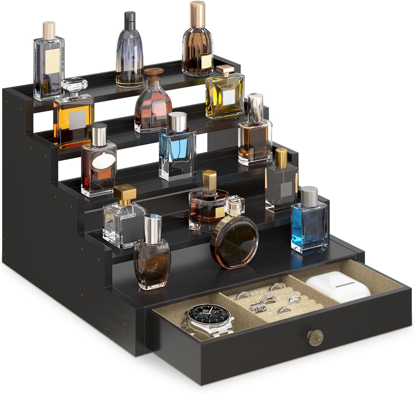 EsLuker.ly Perfume Organizer Cologne Holder Stand for Men, Wooden Cologne Display Shelf for Dresser Countertop, 5 Tier Large Capacity Storage Rack with Drawer, Keep Fragrance Neat & Accessible (Black, 5 Tier)