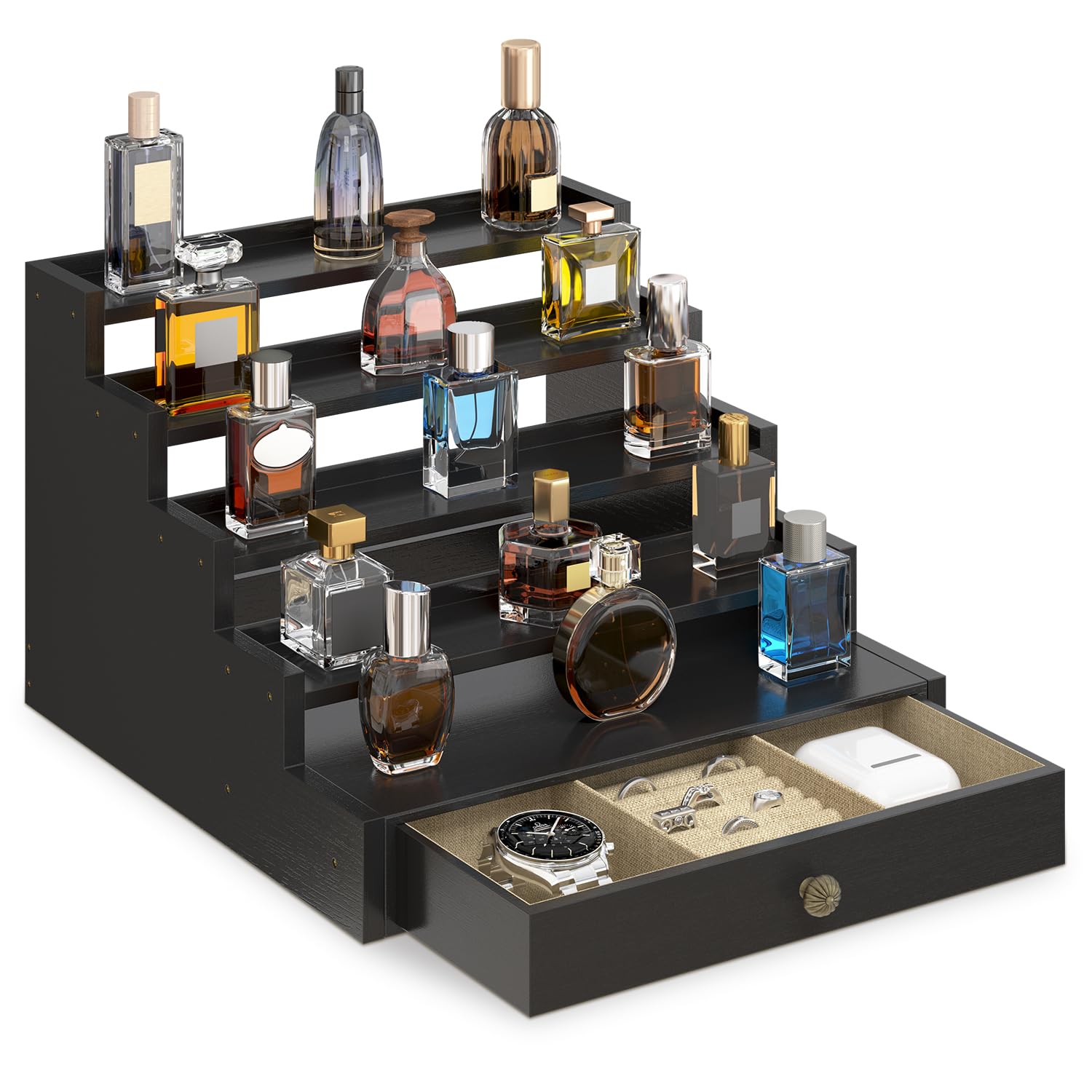 Photo 1 of EsLuker.ly Perfume Organizer Cologne Holder Stand for Men, Wooden Cologne Display Shelf for Dresser Countertop, 5 Tier Large Capacity Storage Rack with Drawer, Keep Fragrance Neat & Accessible (Black, 5 Tier)