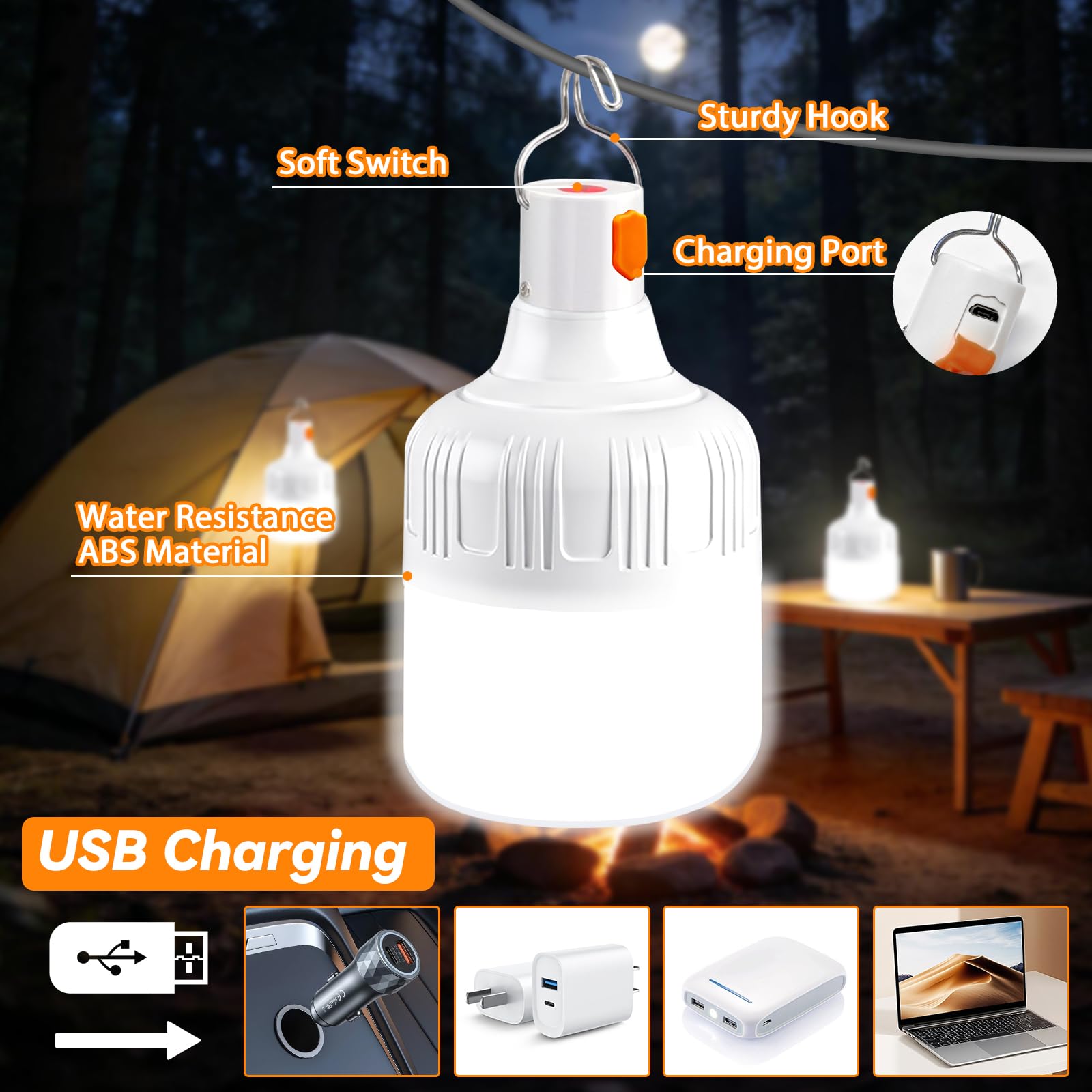 Lámpara Camping Recargable LED 500LM 3 Modos Impermeable Portátil con Gancho