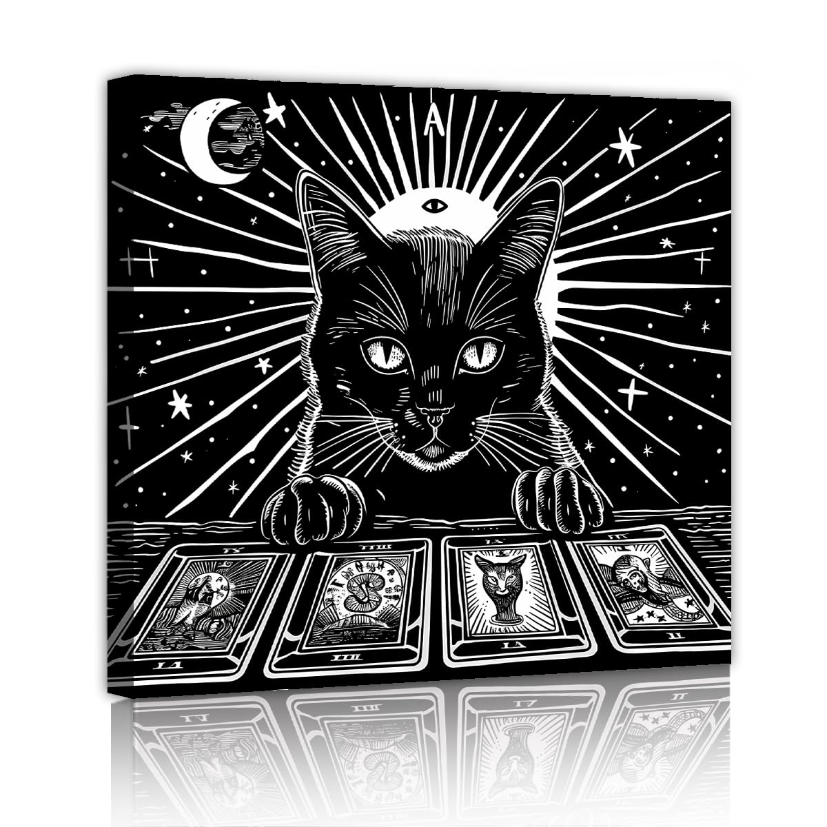 TOANGWALL Black and White Cat Canvas Poster Tarot Cards Witchcraft Moon Mystic Painting Gothic Artwork Modern Picture Wall Art for Bedroom Living Decor 50x50cm