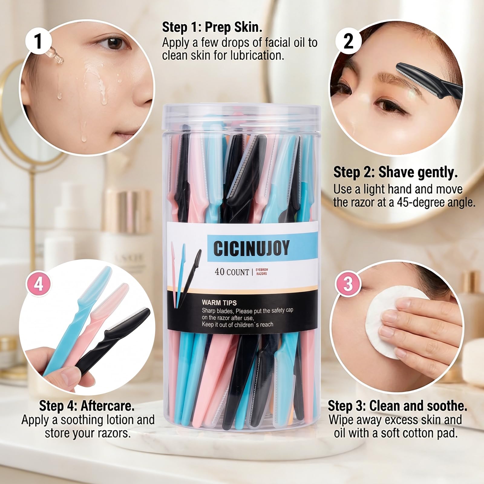 Rasoir à sourcils pour le visage, outil d'épilation de précision (bleu noir rose)