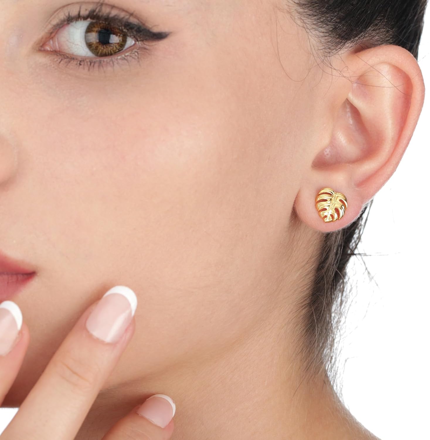 MadamLili Gold plated Monstera Leaf Ear Studs - 925 Sterling Silver Tiny Tropical Exotic Leaves Jewelry - Botanical Floral Plant Garden Lovers Flower Jewelry