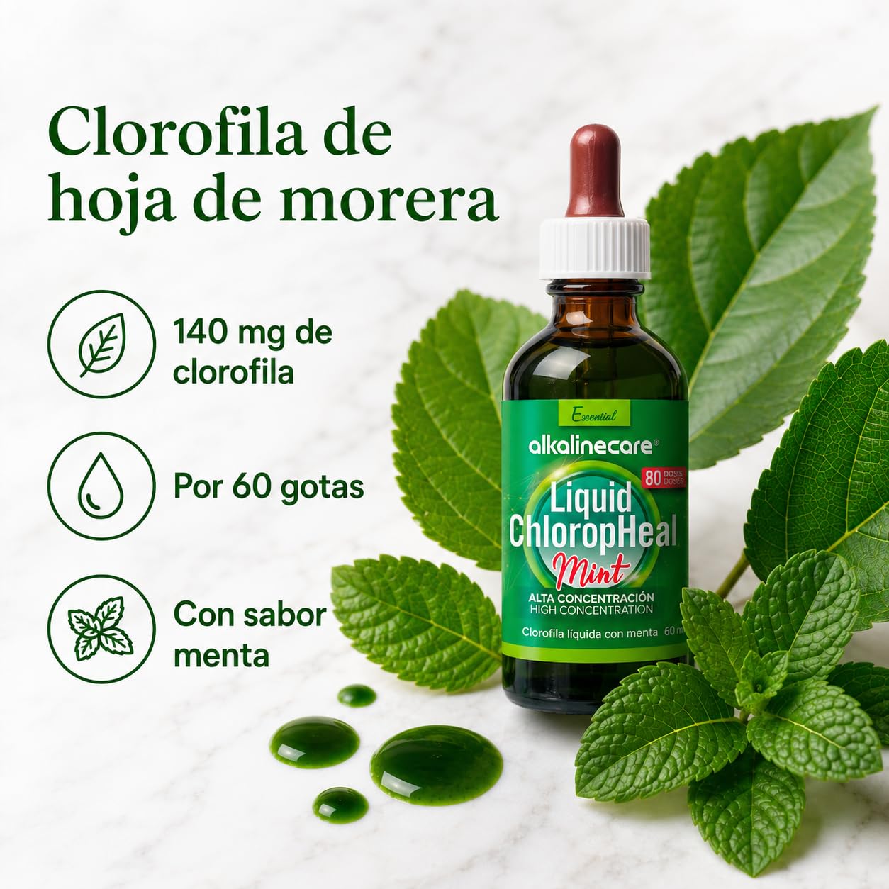 CLOROFILLA LIQUIDA CON GUSTO A MENTA 60 ml:: ALKALINE CARE