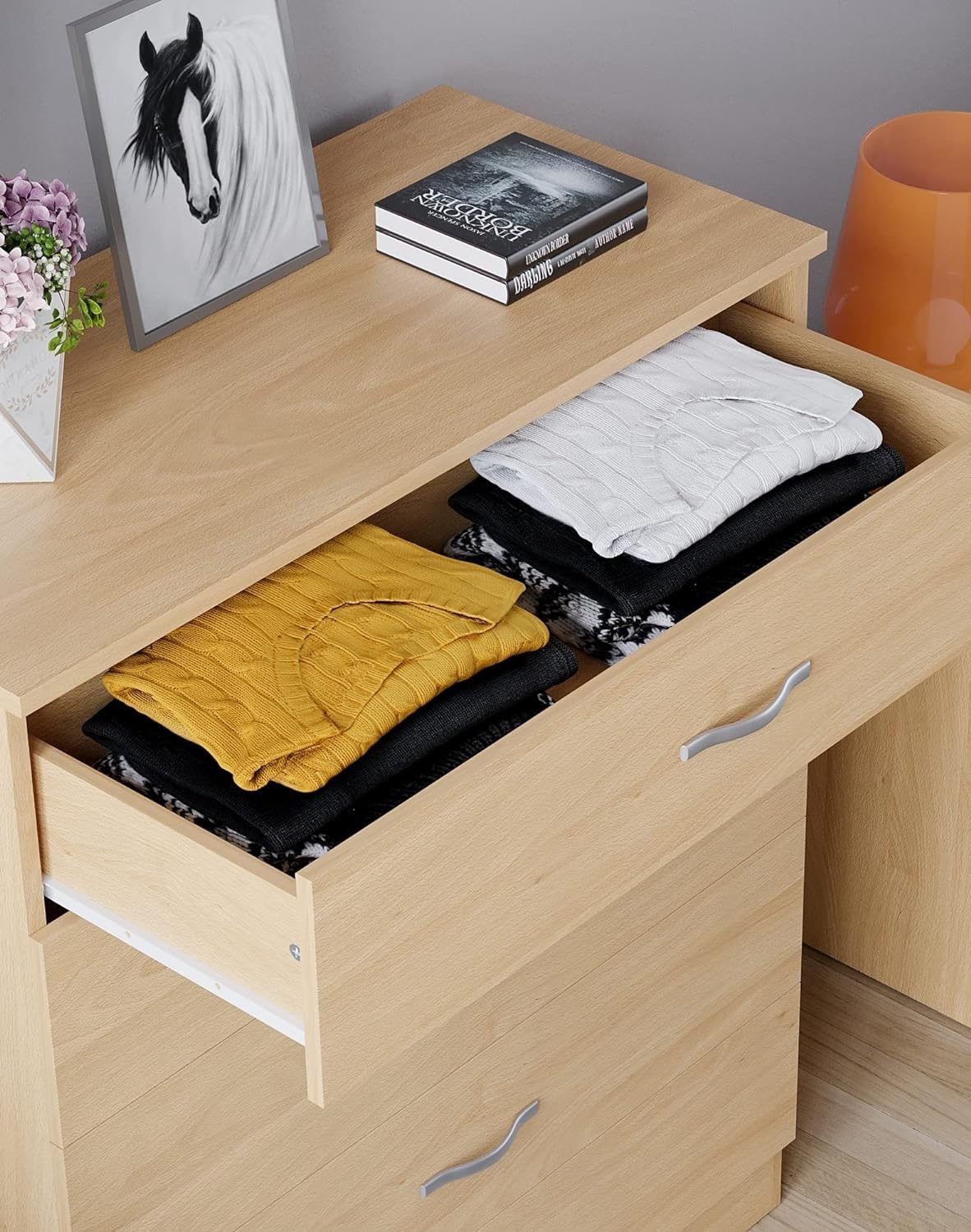 Furnilife Pine Wood Chest of Drawers, 5 Drawers with Metal Handles
