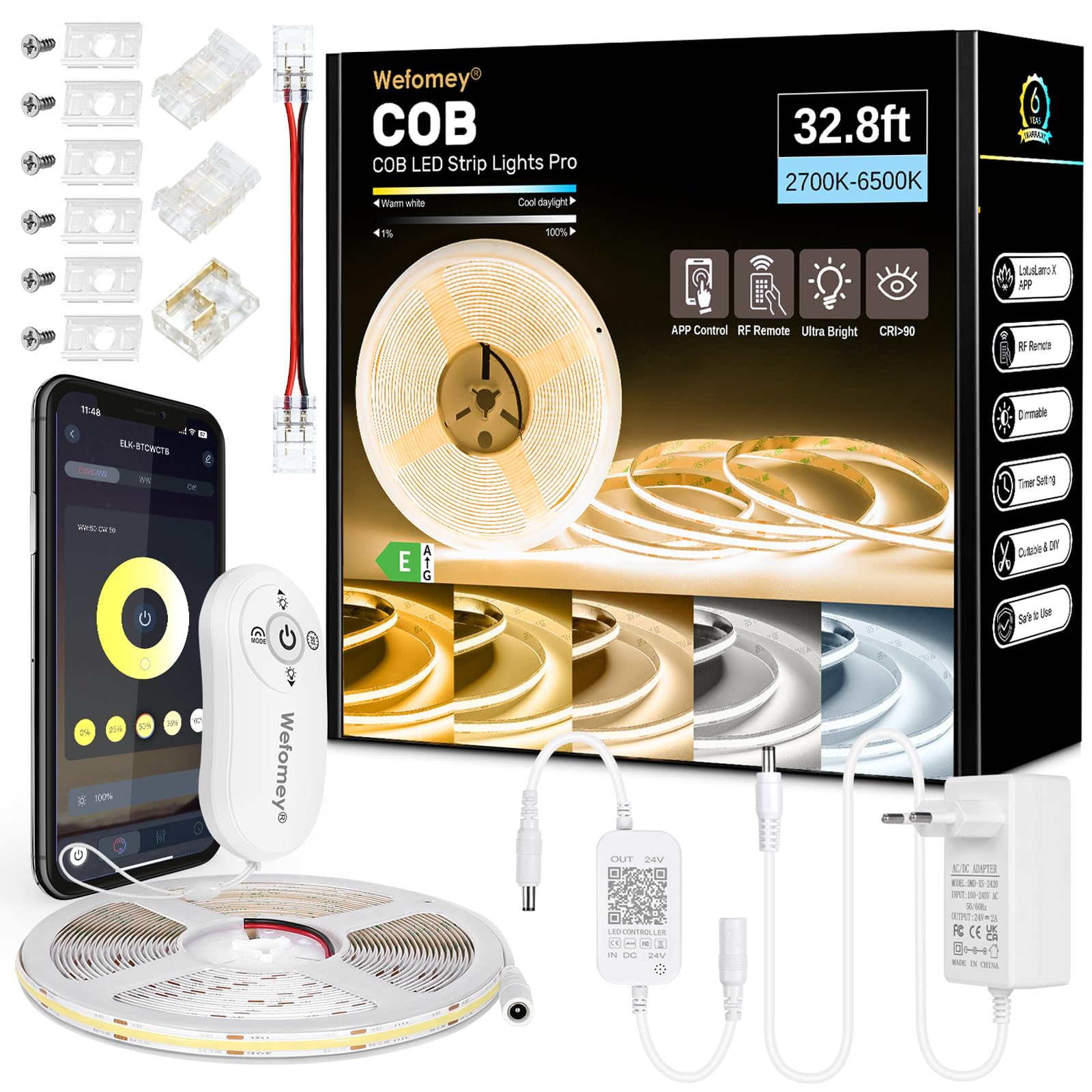 Striscia LED COB da 10 m, controllo tramite app, bianco caldo, bianco freddo, 2700 K-6500 K, 24 V, dimmerabile, flessibile, set con telecomando e alimentatore, CRI 92 6080 LED per