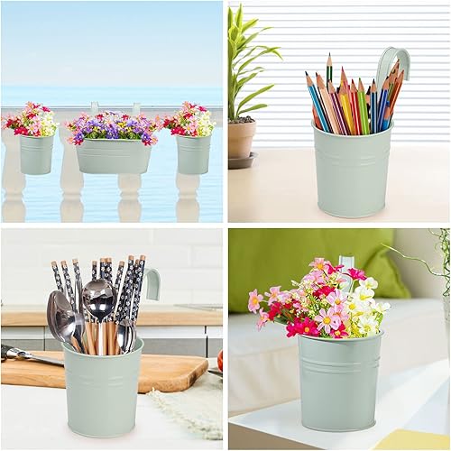 Miniatura 2 de Maceta colgante de 3 piezas para barandilla al aire libre, soporte de metal para plantas de balcón con ganchos desmontables y drenaje, cubo vintage,