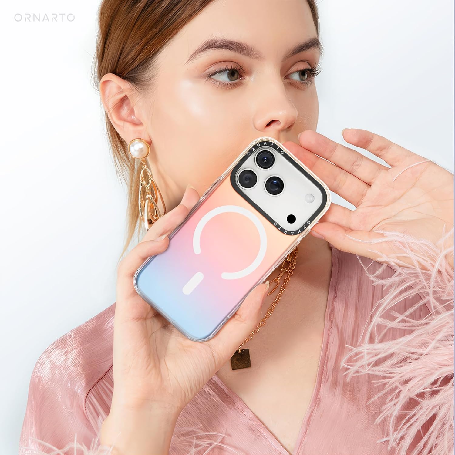 ORNARTO Compatible with iPhone 17 Pro Case 6.3", Electroplated Iridescent Gradient Cover, Compatible with MagSafe, Slim Rainbow Phone Case – Sunset Red - Image 6