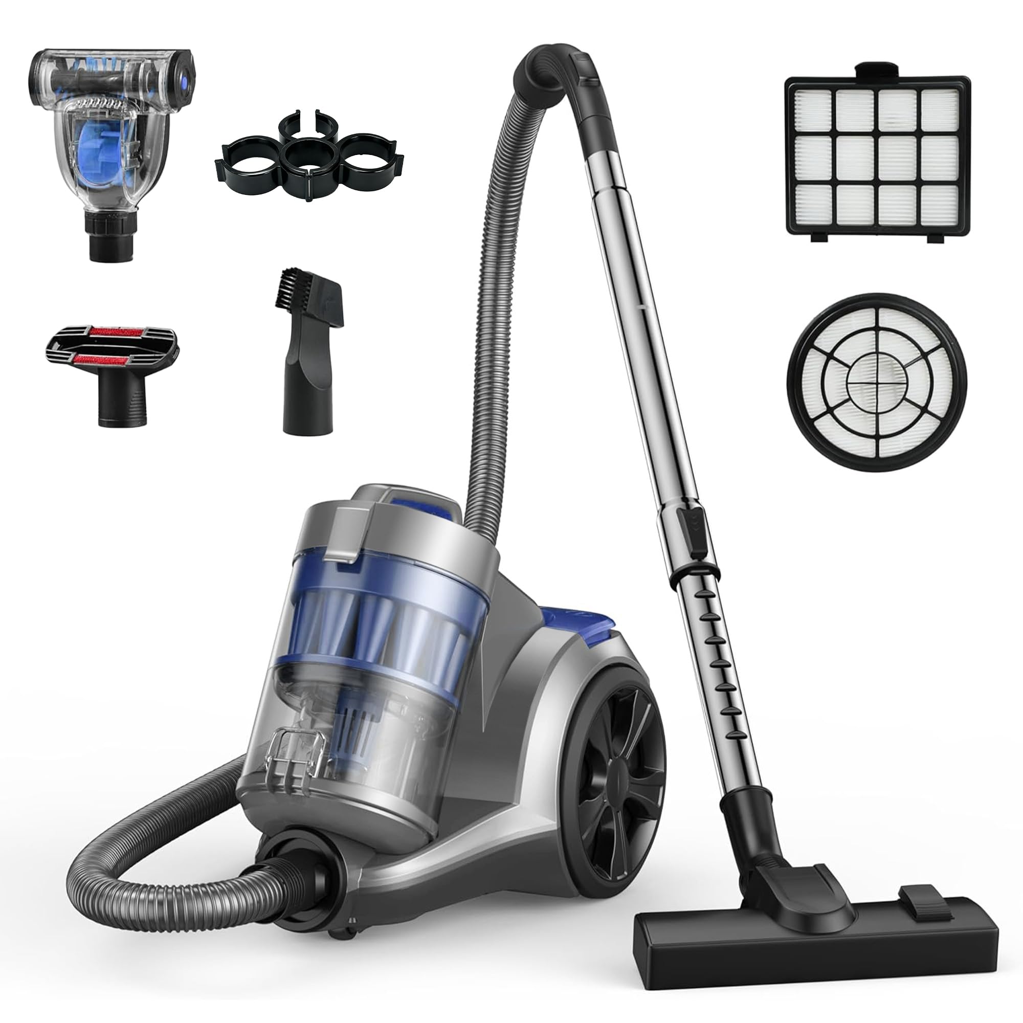 Aspiron 1700W Canister Vacuum Cleaner, 45Kpa Bagless Vacuum Cleaner, Multi-Cyclonic Filtration, 2 Anti-Allergen HEPA Filters, 3.5QT Dust Cup, 4 Tools,