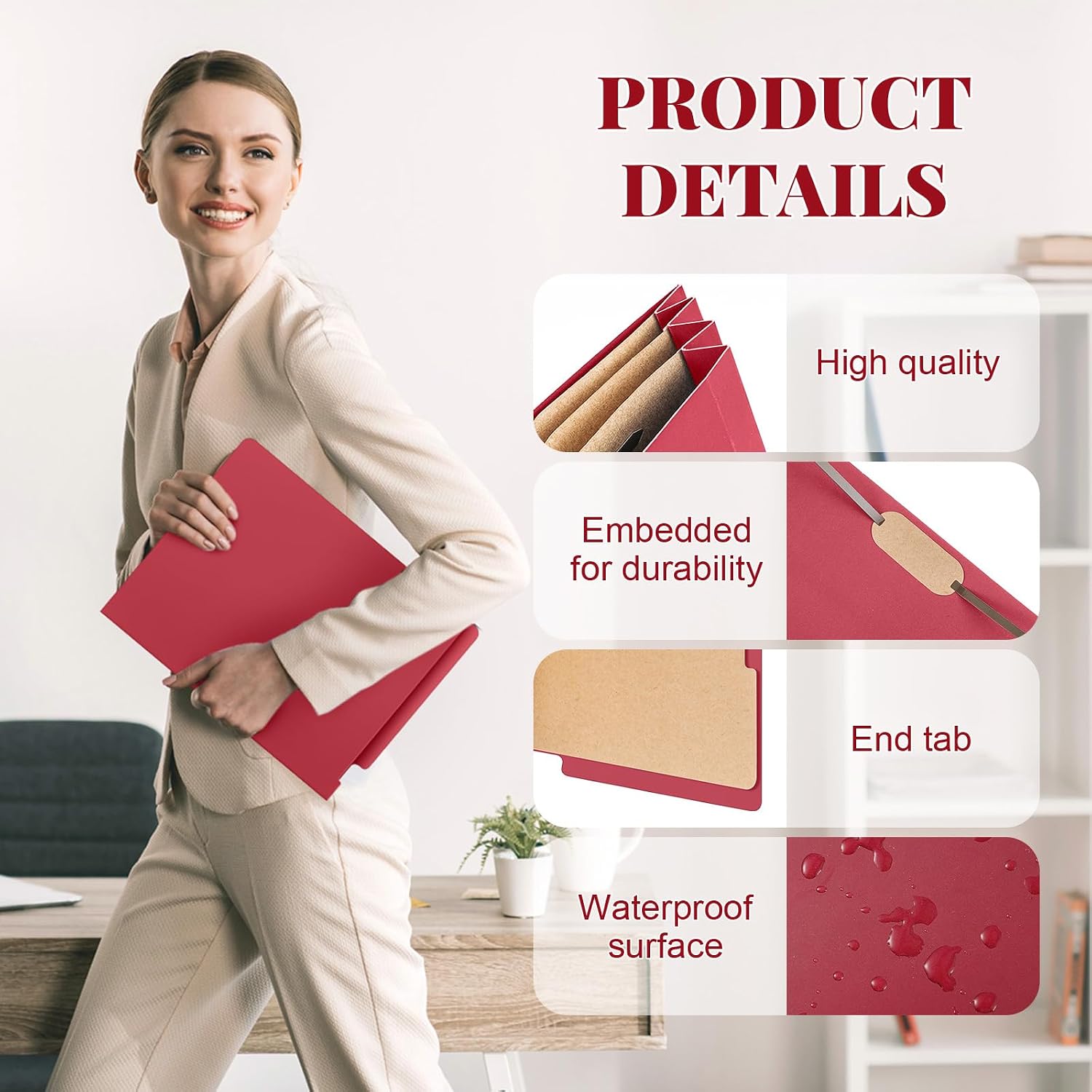 Skyygemm 24 Pcs End Tab Classification Red File Folders 3 Dividers Letter Size with 3.5'' Fasteners and 2 Prongs, Manila Folders Bulk for Office Business Classroom