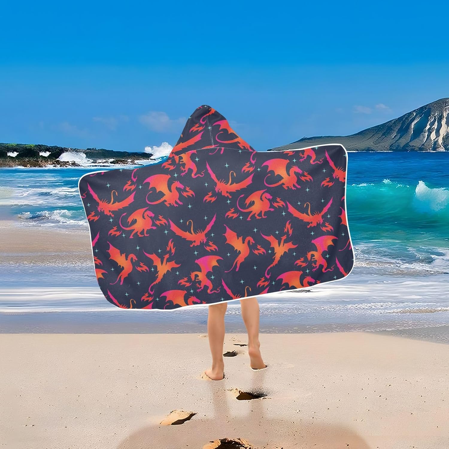 Kids Hooded Beach Towel Fire Dragon Star Pattern Printed for Toddler Boys Girls, Soft Absorbent Bath Swimming Towels 30x50 Inches
