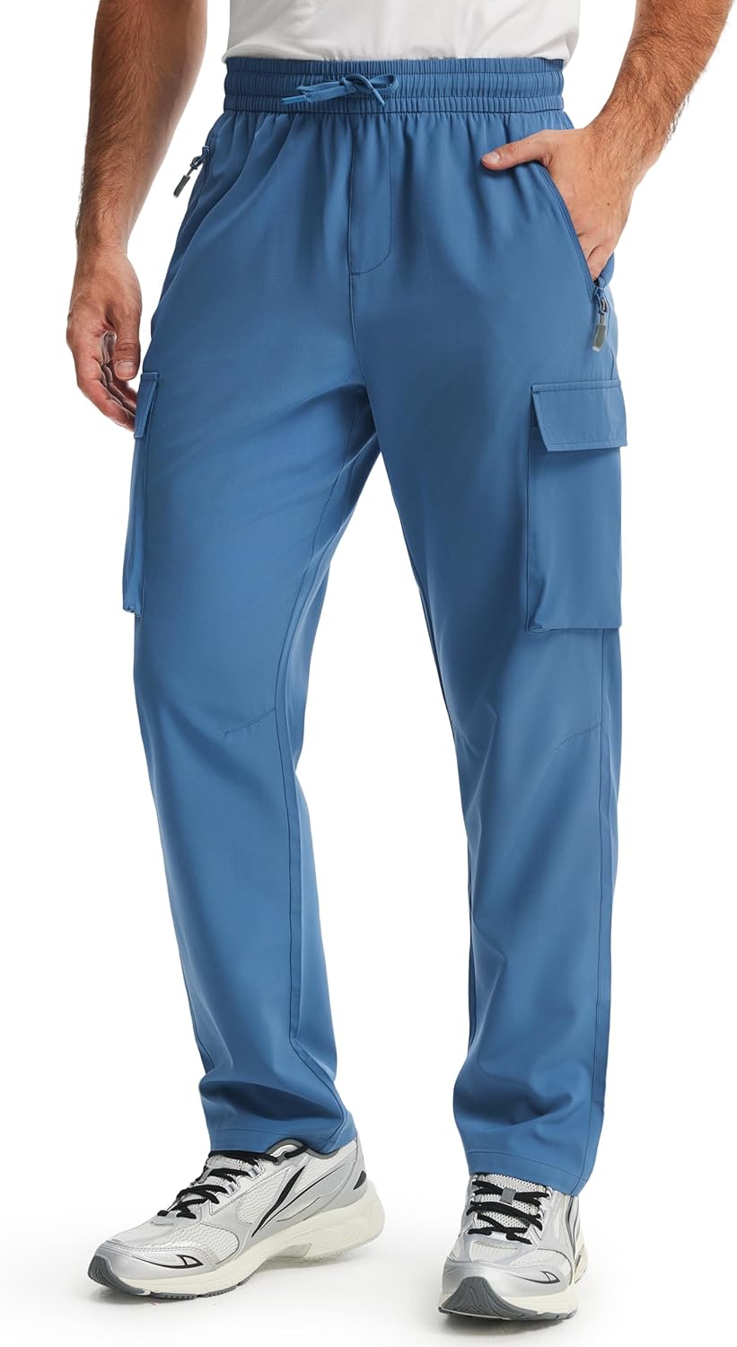 Men’s Elastic Waist Hiking Pants Lightweight Quick Dry Cargo Track Pants Travel Outdoor Athletic Clothes with 5 Pockets