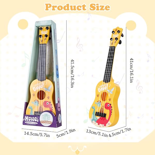 42cm Chitarra per bambini con 4 corde regolabili ukulele bambini chitarra giocattolo per principianti, Dinosauro - 2