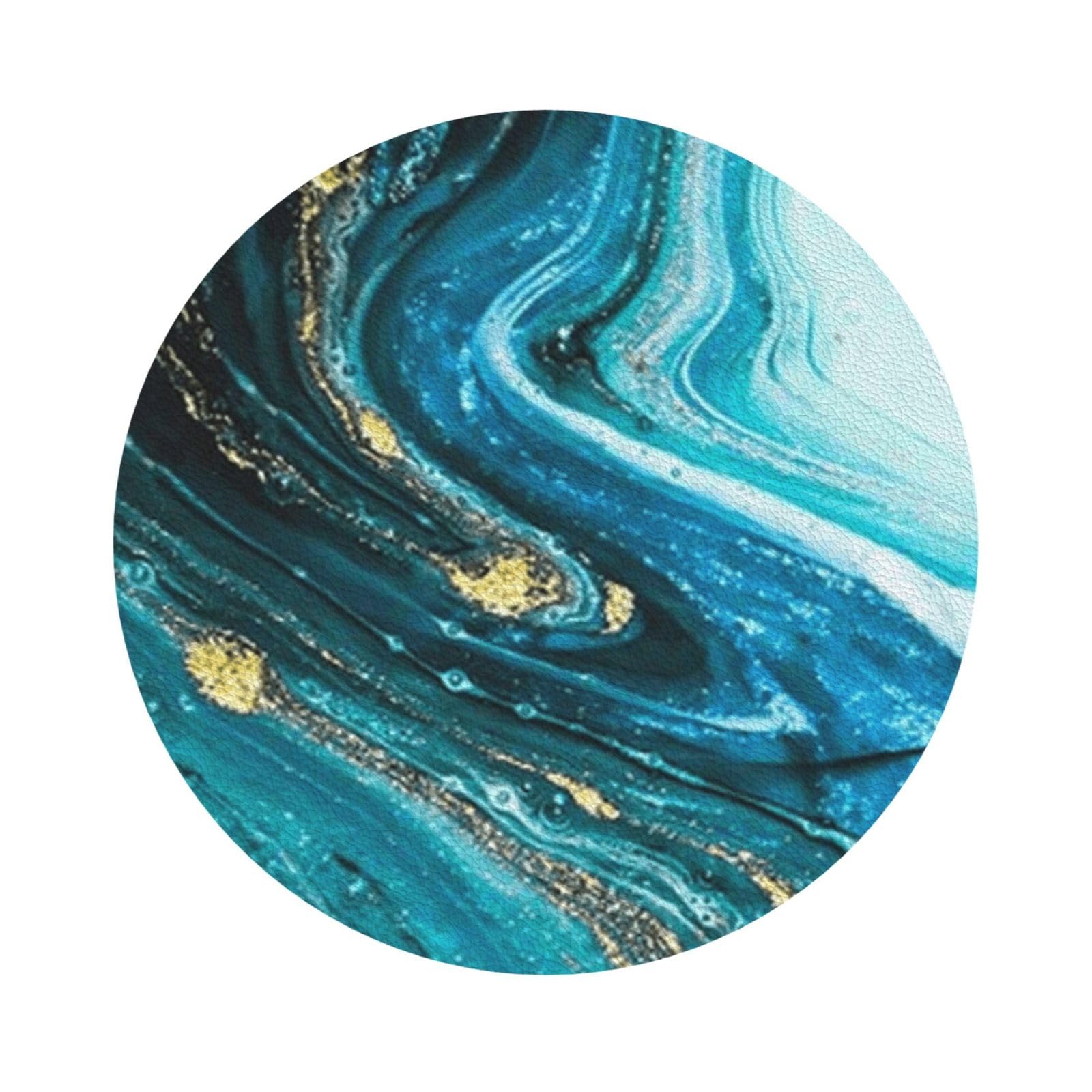 Stone Blue Gold Marble PU Leather Coasters Set of 6 Round Drink Coasters