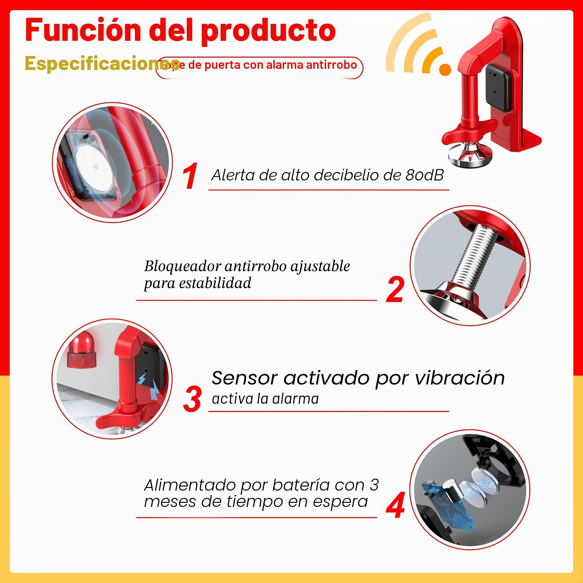 Tope de puerta de alarma portátil, antirrobo de 80 dB, para parte inferior de la puerta, ajustable y fácil de instalar para el hogar, oficina y viajes, dispositivos de seguridad de puerta (rojo)