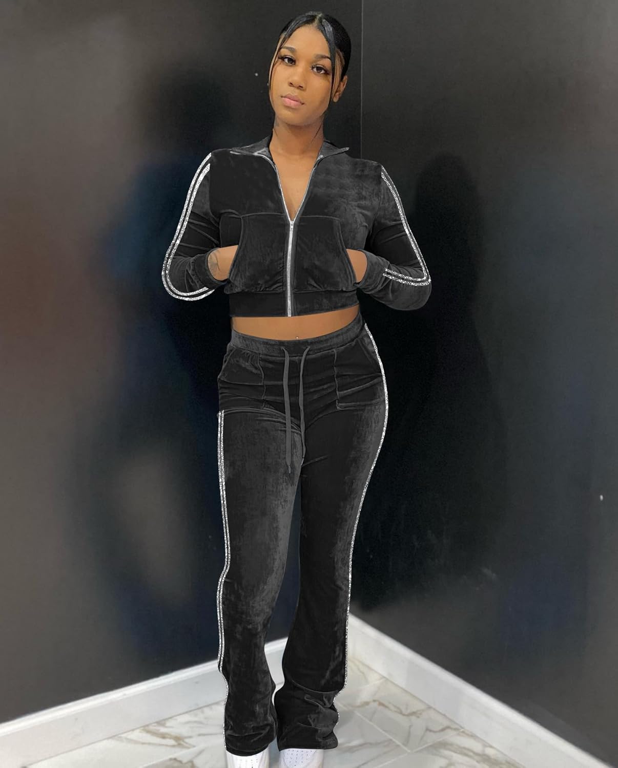 yidengymx Womens Velour Tracksuit Two Piece Outfits for Women Long Sleeve Hooded Zip Crop Tops Flared Pants Set - Image 2