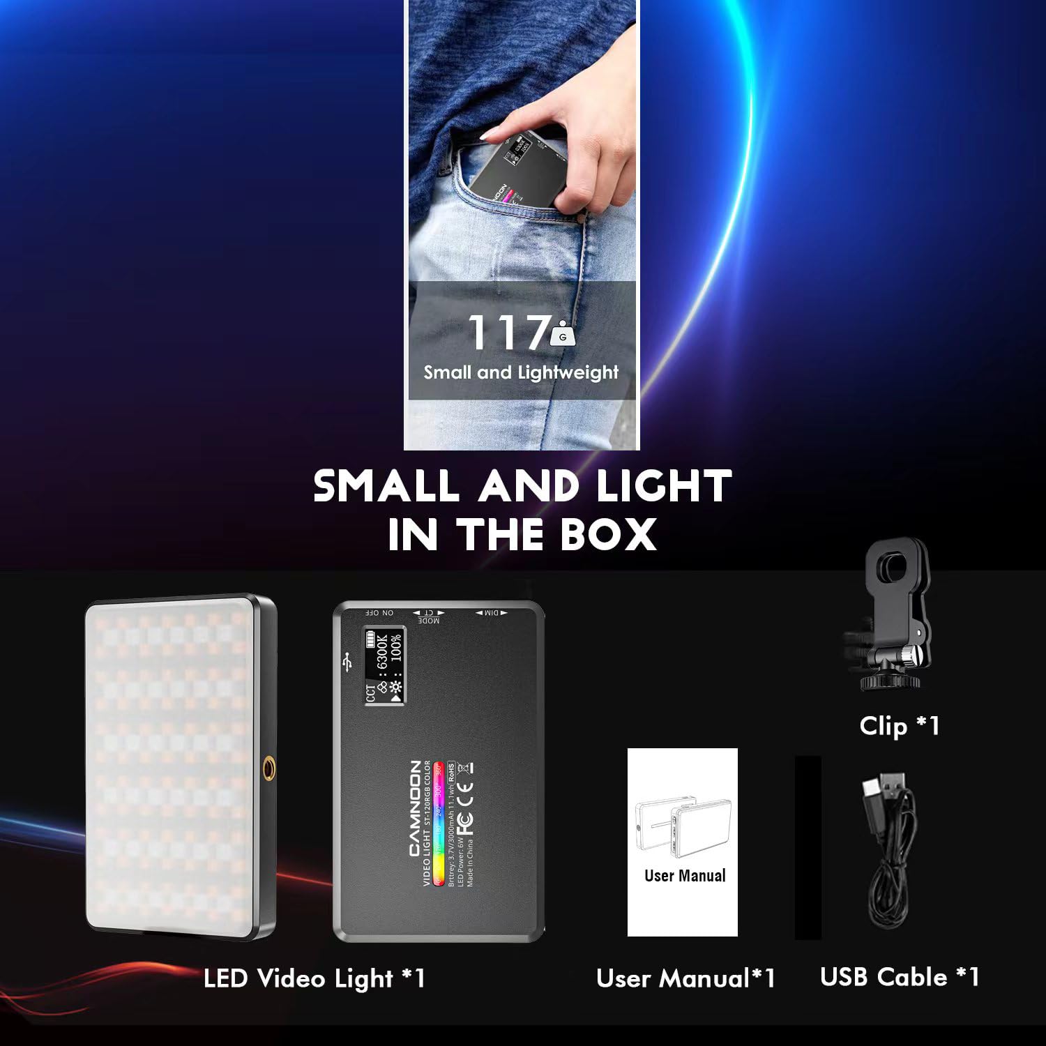 Luce LED Fotografia con Clip, Camnoon Luce Video Selfie con 120 Perle LED 1000Lux, 2500K-9000K, 20 Effetti di Luce, 117G Luce Fotografica Portatile per Esterno Móvil, Ripresa TikTok, Telefono/Laptop