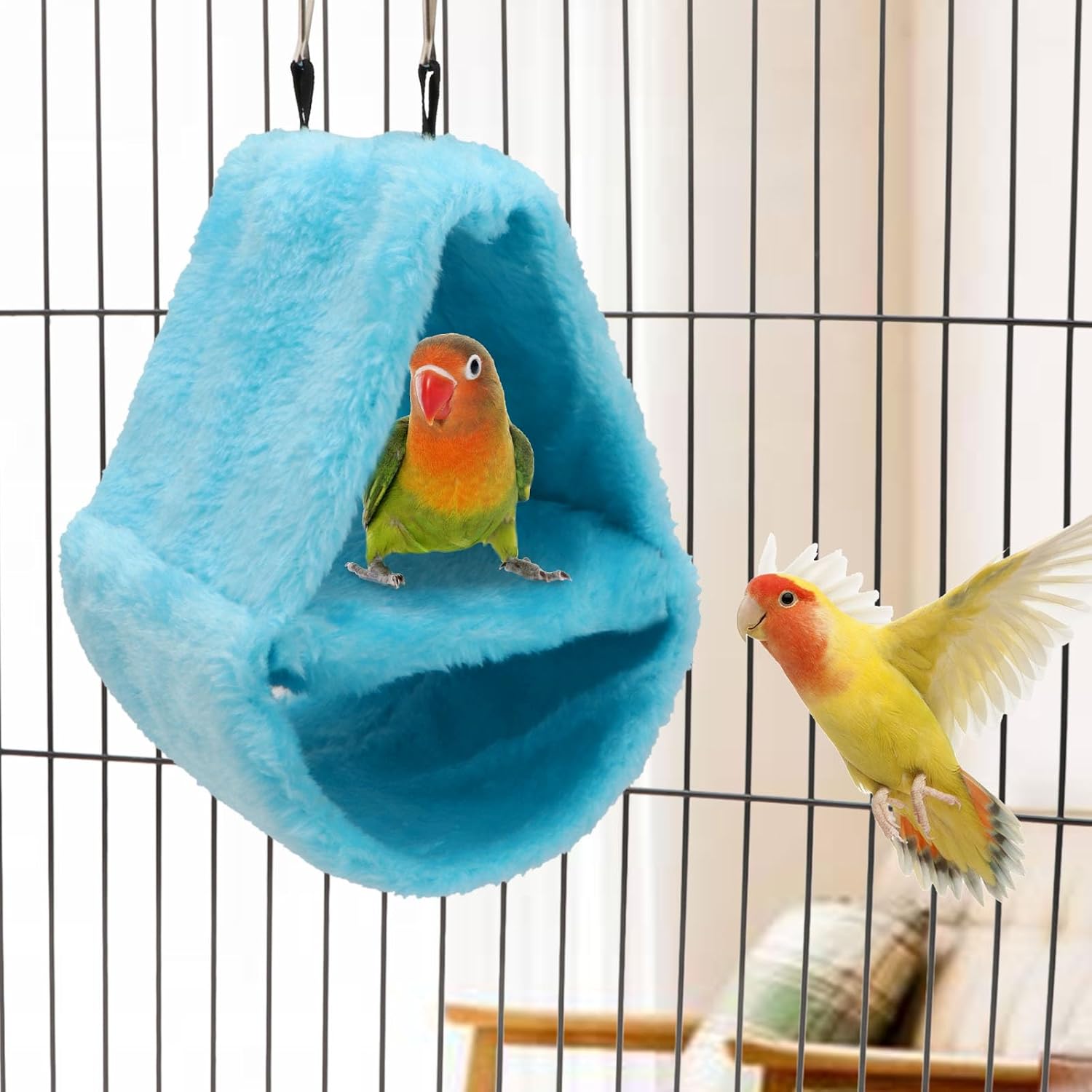 Wontee Bird Parrot Plush Hammock Dual Layer Nest Shed Bird Snuggle Cave Happy Hut for Parrot Macaw Budgies Eclectus Parakeet Cockatiels Cockatoo Lovebird (S, Blue)