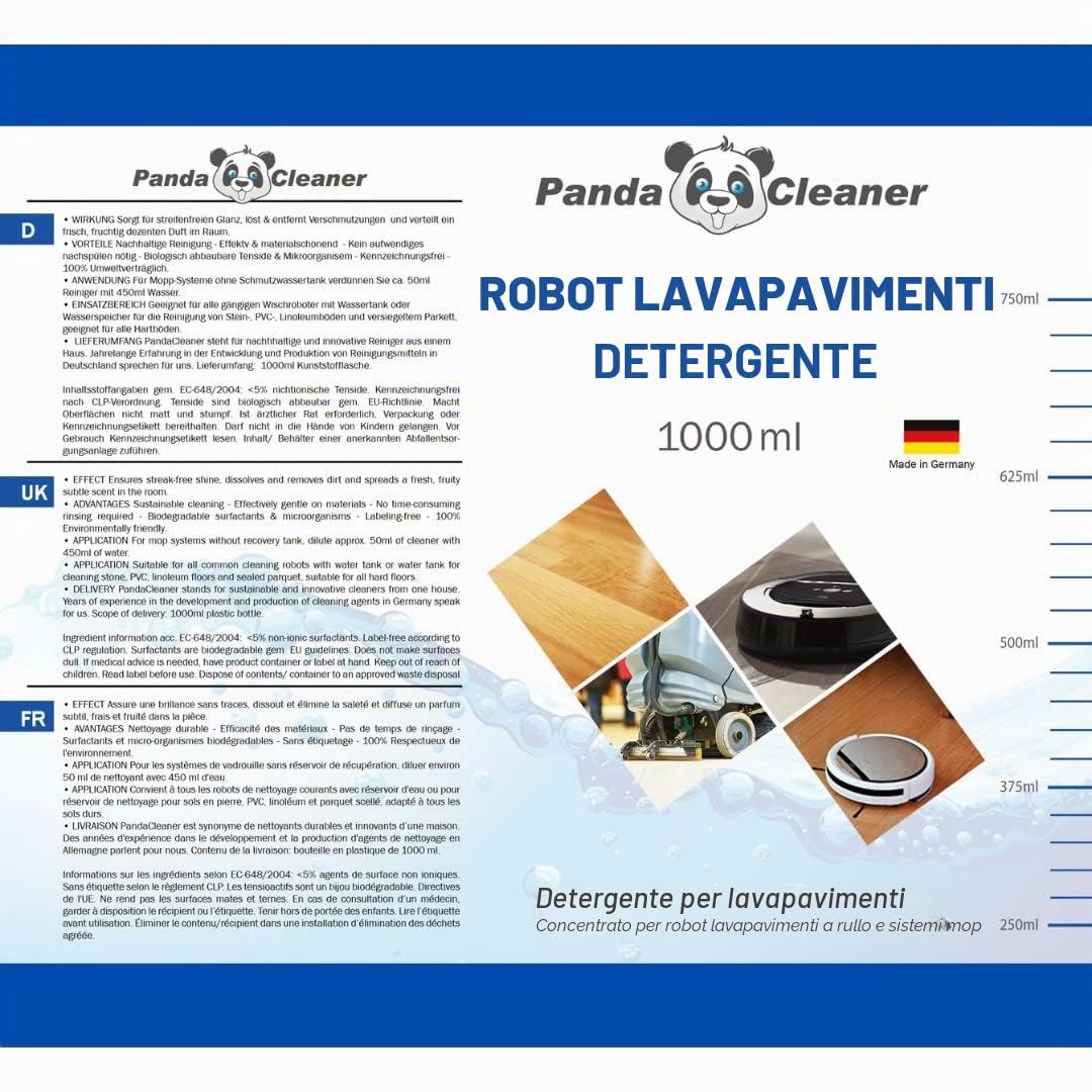 PandaCleaner detergente per robot lavapavimenti - 3L detersivo pavimenti offerta - Floor Cleaner - detergente pavimenti - Delicato su robot e pavimento + Particolarmente economico (3x 1L)