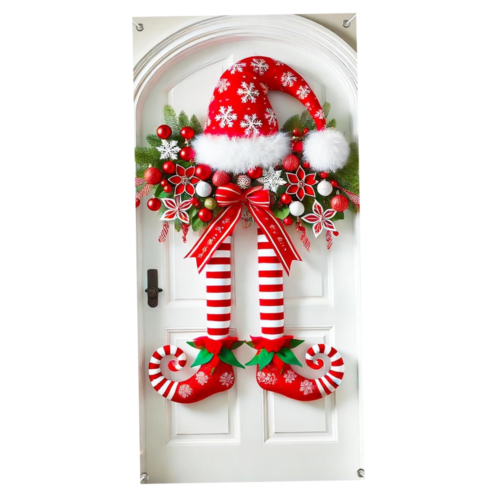 1PC Christmas Door Cover 35x71" Elf Legs Xmas Door Cover with Red White Striped Hat Curly Shoes Garland Bow Hanging Ornament for Home Decor