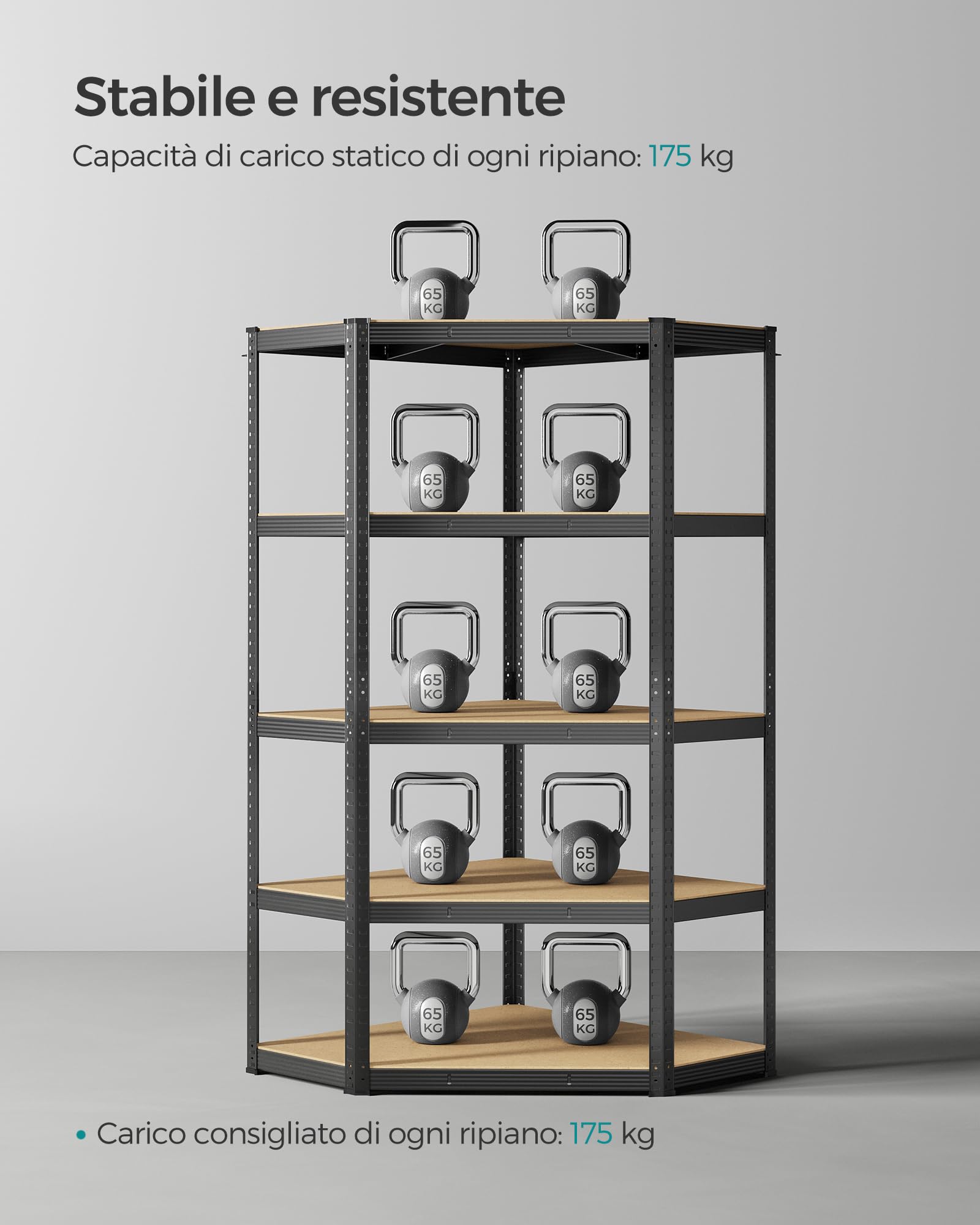 SONGMICS Scaffale Angolare a 5 Ripiani, Scaffalatura ad Angolo in Acciaio per Carichi Pesanti, per Garage, Ripostiglio, Magazzino, Portante 875 kg, Nero Inchiostro e Beige Naturale GLR080B01