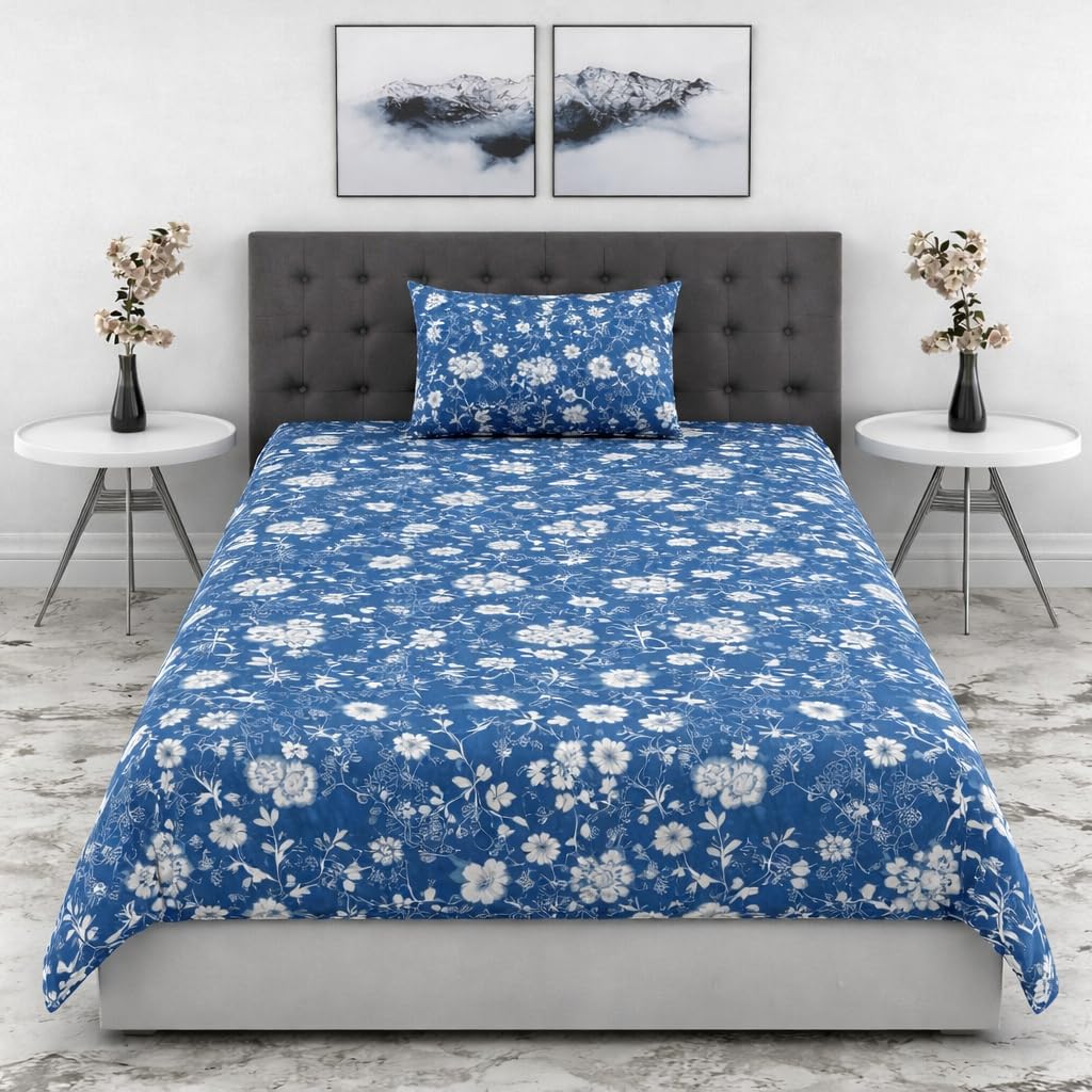 DECOR2ADMIRE 300 Thread Count Premium Cotton Printed Single Bedsheet with One Pillow Covers for Home 60 Inches x 90 Inches (Blue Floral, Single 60" x 90")-image-37