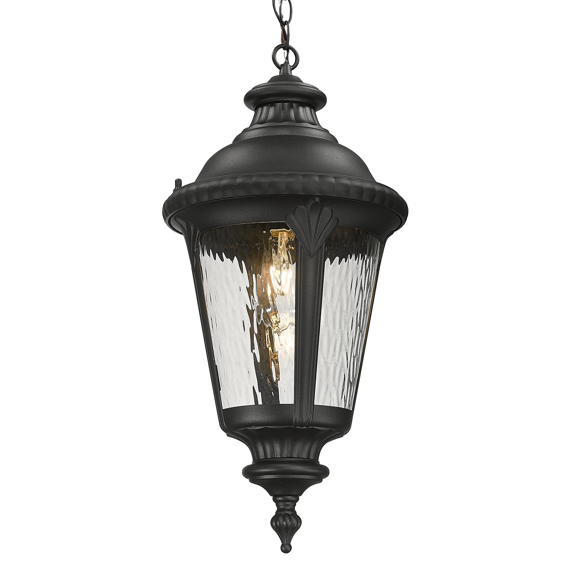Emliviar Large Outdoor Pendant Lights for Porch, 25" Black Exterior Hanging Lantern with Water Ripple Glass, XE265H-SW BK