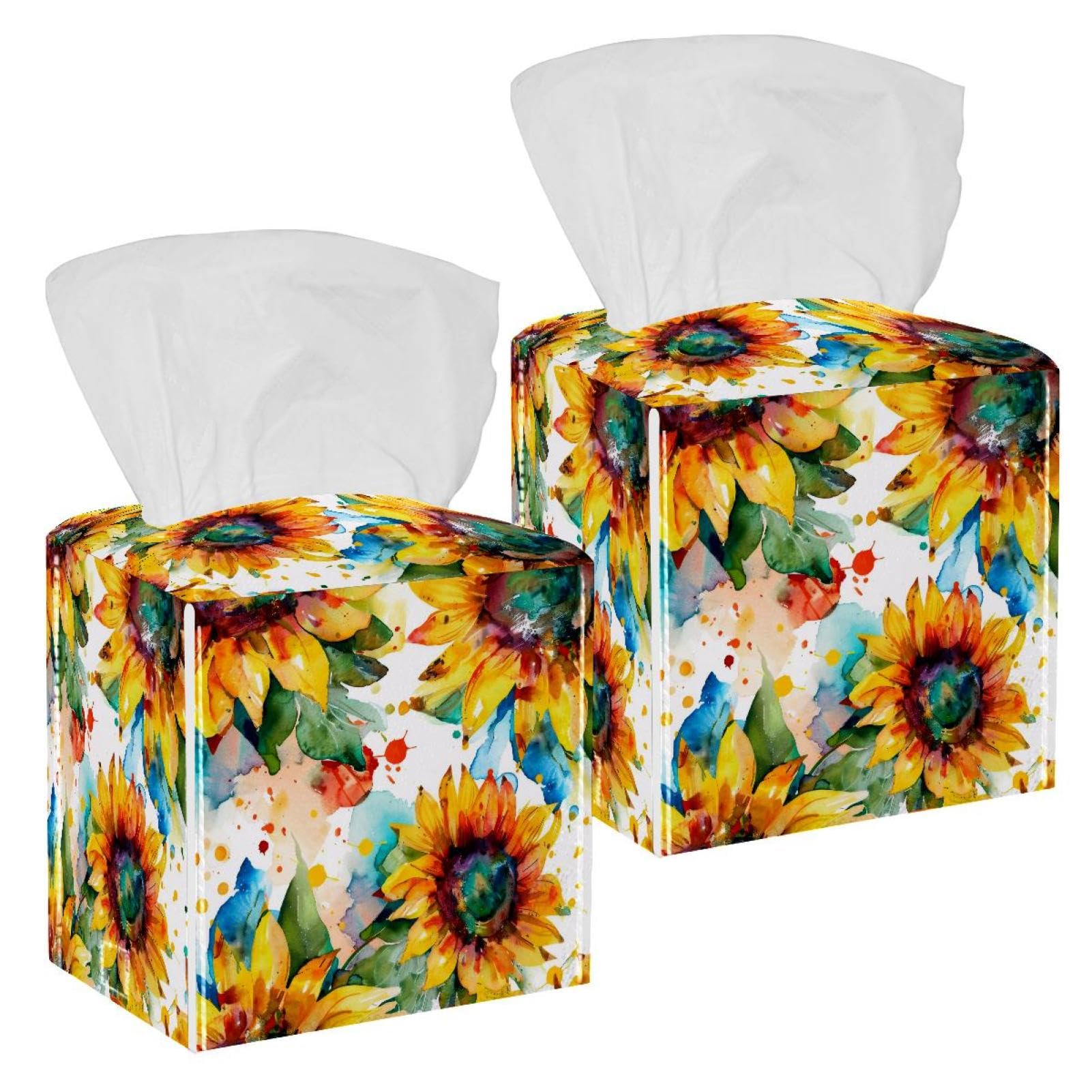 Watercolor Sunflowers Tissue Box Cover, 2 Pack PU Leather Square Facial Tissue Dispenser Box holder for Home Office Car