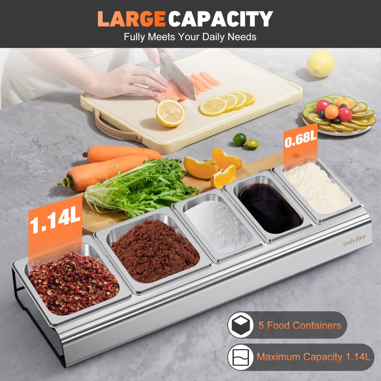 onlyfire Pizza Topping Station, Stainless Steel Removable Ingredient Seasoning Containers, Condiment Serving Container Pizza Oven Accessories for Grill Table Cart, Kitchen and Outdoor Pizza Oven
