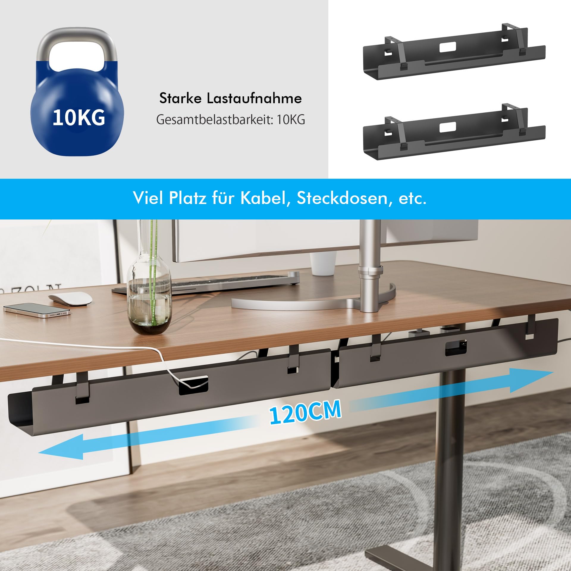 Mimoke Kabelmanagement Tray 2er Set 120cm (2x60cm), Schwarz | Stahl Kabelschale, Untertisch für Schreibtisch, Steckdosenleiste, Einfach Montierbar, Platzsparend
