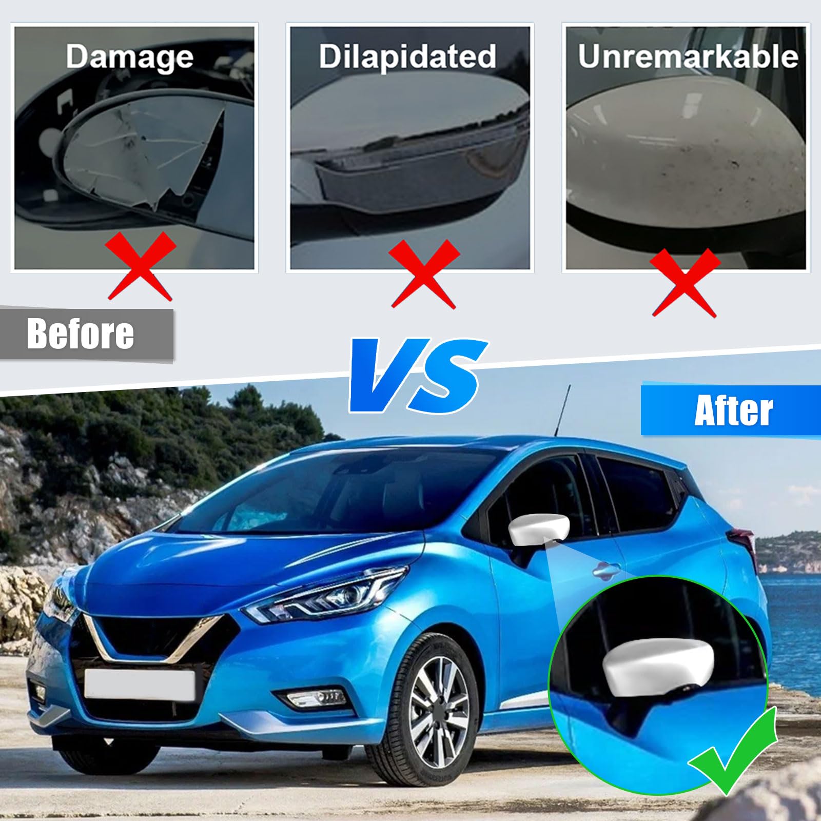 Cappuccio Dello Specchietto Retrovisore Compatibile con Renault Clio 4 2012-2016, Capture First Generation J87 2013-2019, 1 Paio Cappucci per Specchietti Compatibile con Zoe 2012-2024 - Argento
