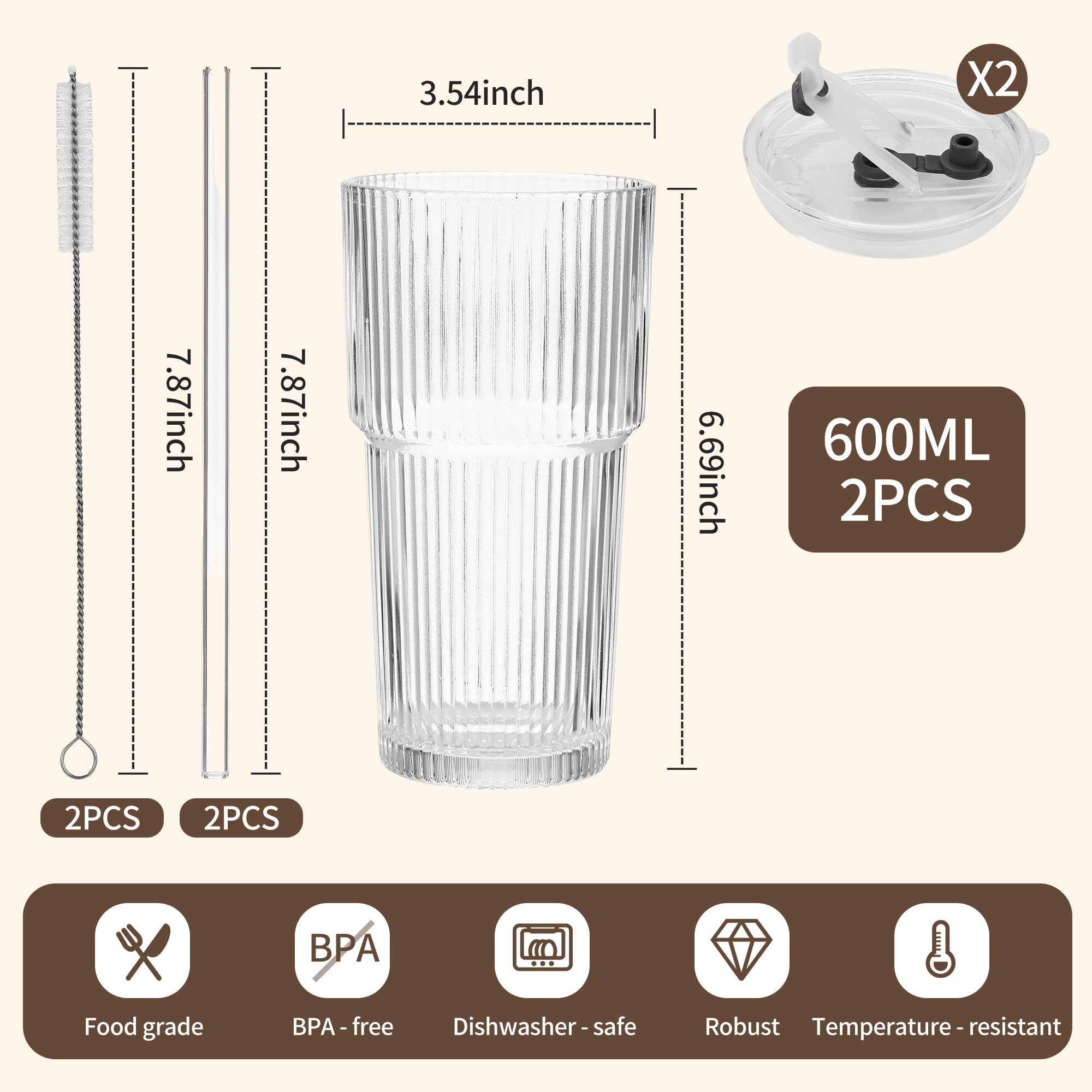 VITEVER 2 bicchieri in vetro a coste da 600 ml, con coperchio e cannuccia, bicchieri da caffè freddo, set da long drink, design ermetico e