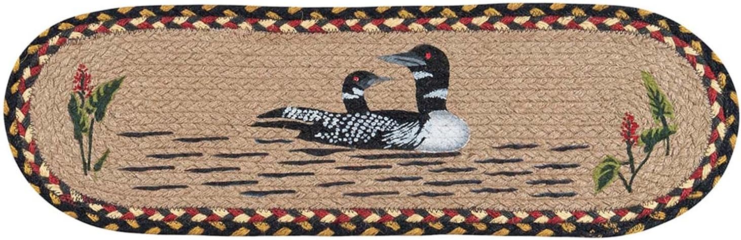 BLACK FOREST DECOR Loon Duo Oval Stair Treads Set of 2 – Rustic Lodge Braided Jute Stair Rugs with Loon Design – Handcrafted Durable Covers – Woodland Home Décor – 27” x 8.25” Each, Multicolor