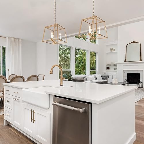 Miniatura 6 de KSANA Candelabro de farol dorado, iluminación colgante dorada para isla de cocina con acabado dorado antiguo, lámpara colgante de vestíbulo para