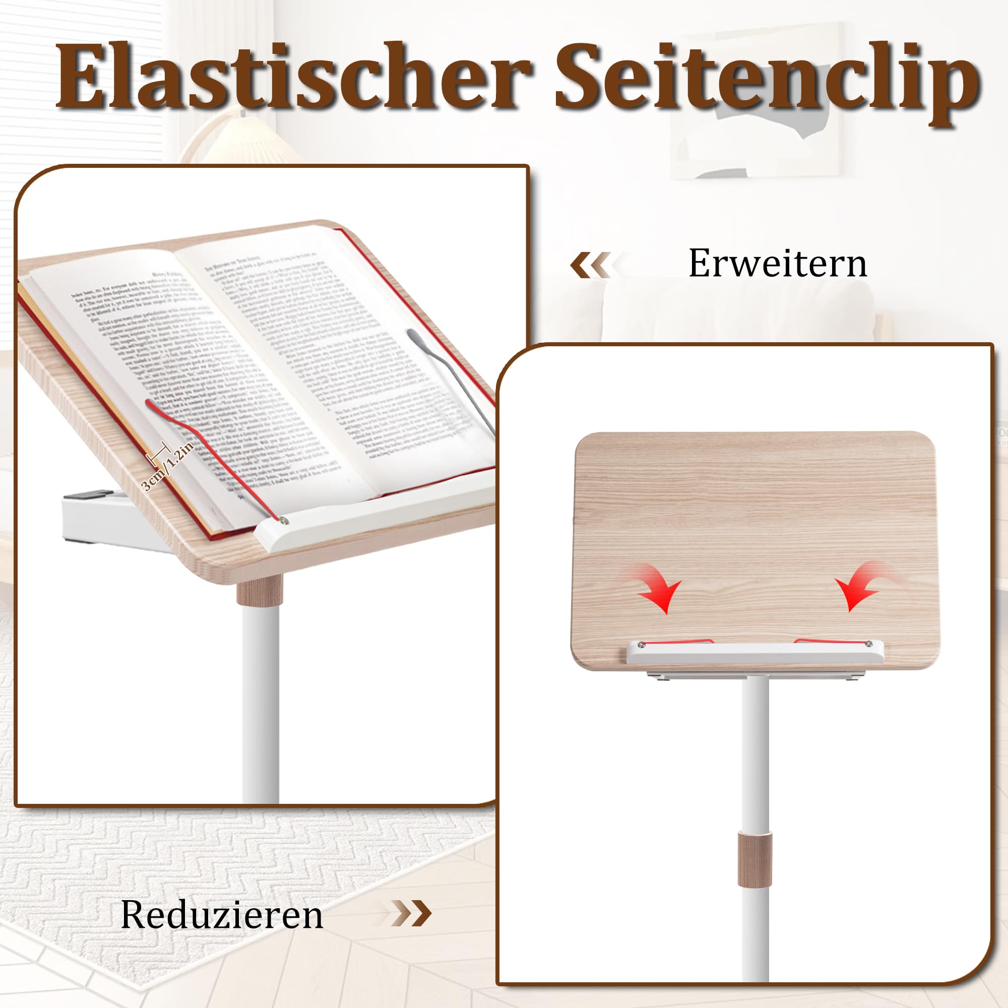 2 in 1 Verstellbarer Buchständer, Höhenverstellbar 50-130cm, Weiß | Dual-Use Boden & Schreibtisch-Buchhalter, Holz-Kochbuchhalter mit Seitenclips, für Musikblatt, Rezept, Laptop
